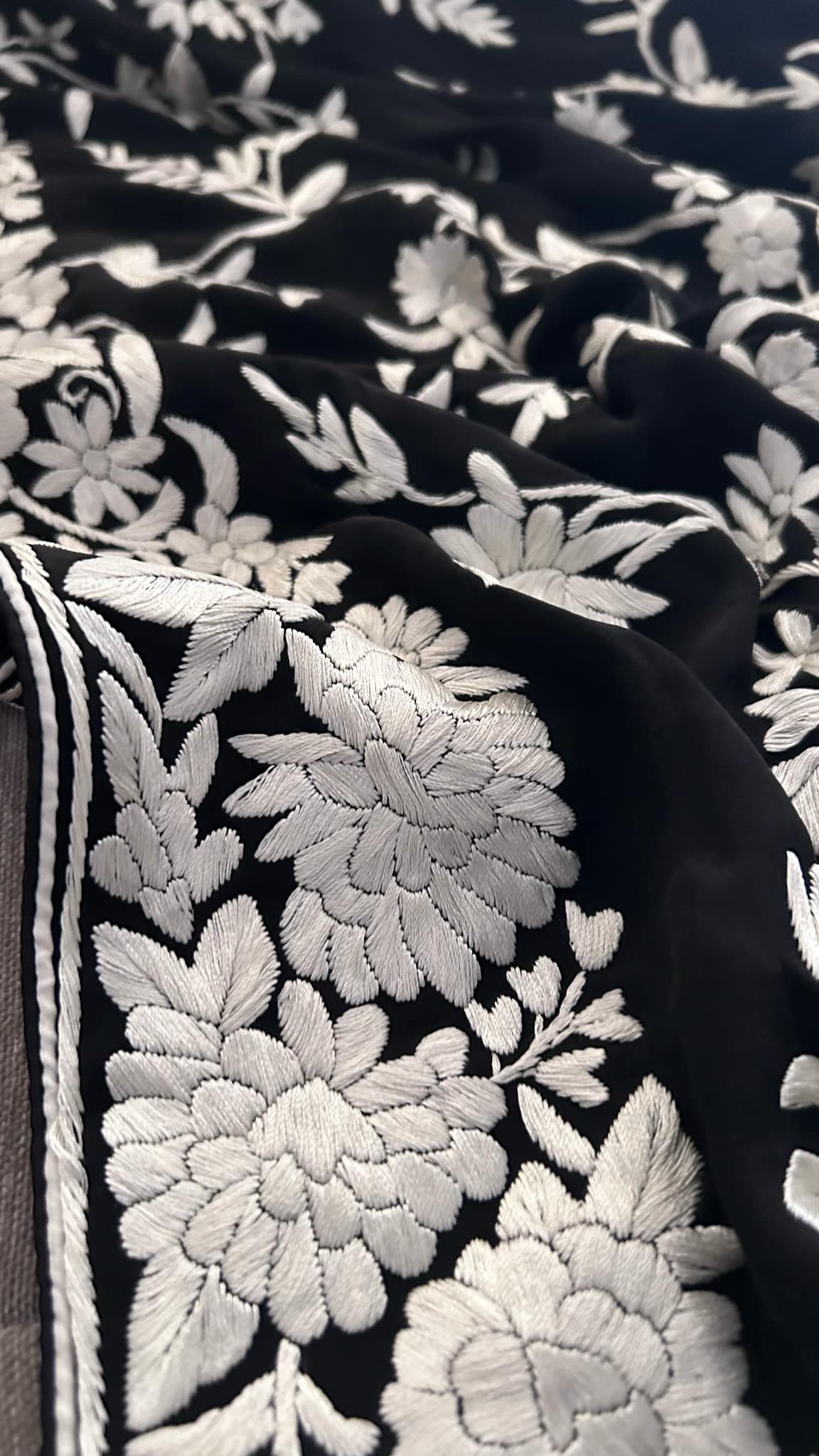 Pre Order Crepe Silk Floral Black & Ivory Parsi Gara Dupatta