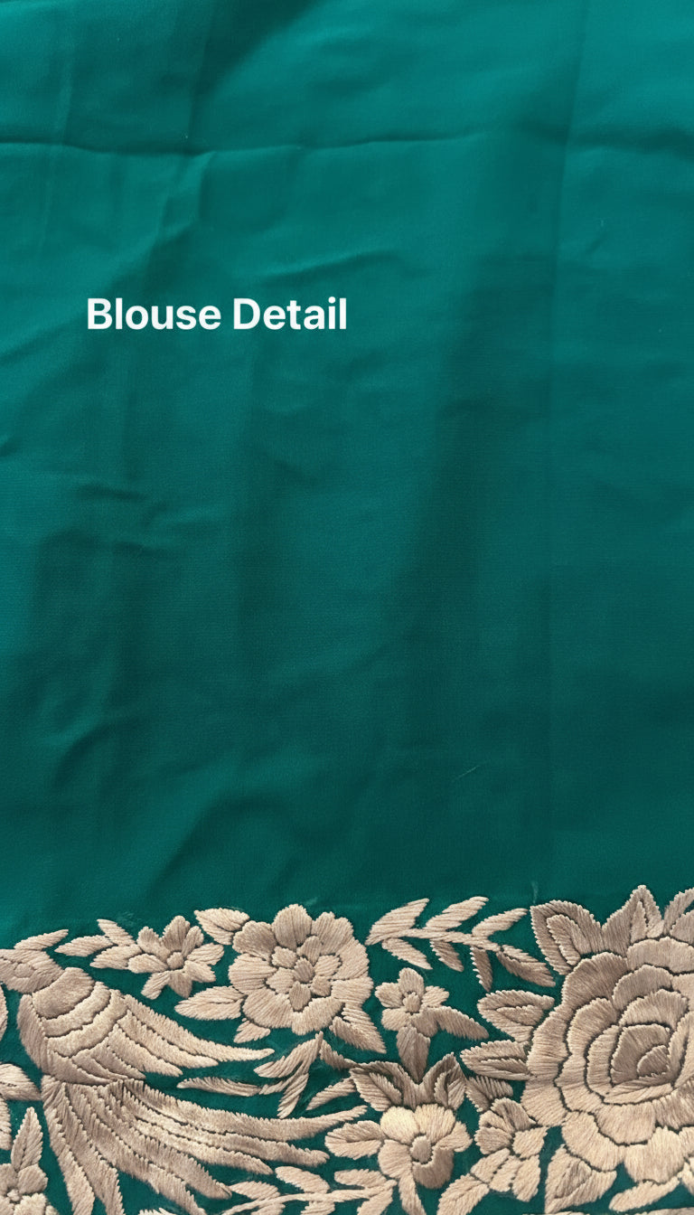 Emerald Green & Gold Hand Embroidered Parsi Gara Saree