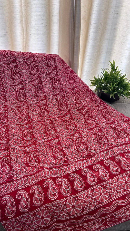 Red & White Georgette Resham Chikankari Kurti Fabric (Only Kurti)