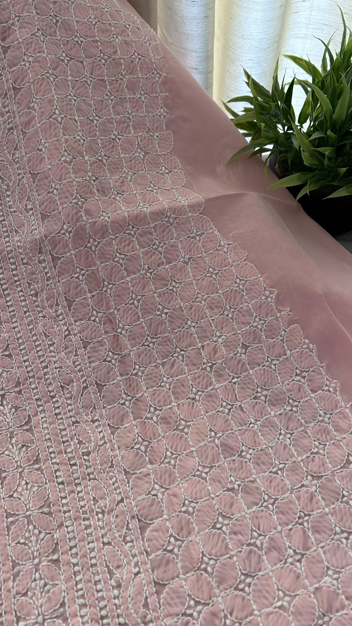 Peach Cotton Chikankari Kurti Fabric (Kurti Fabric)