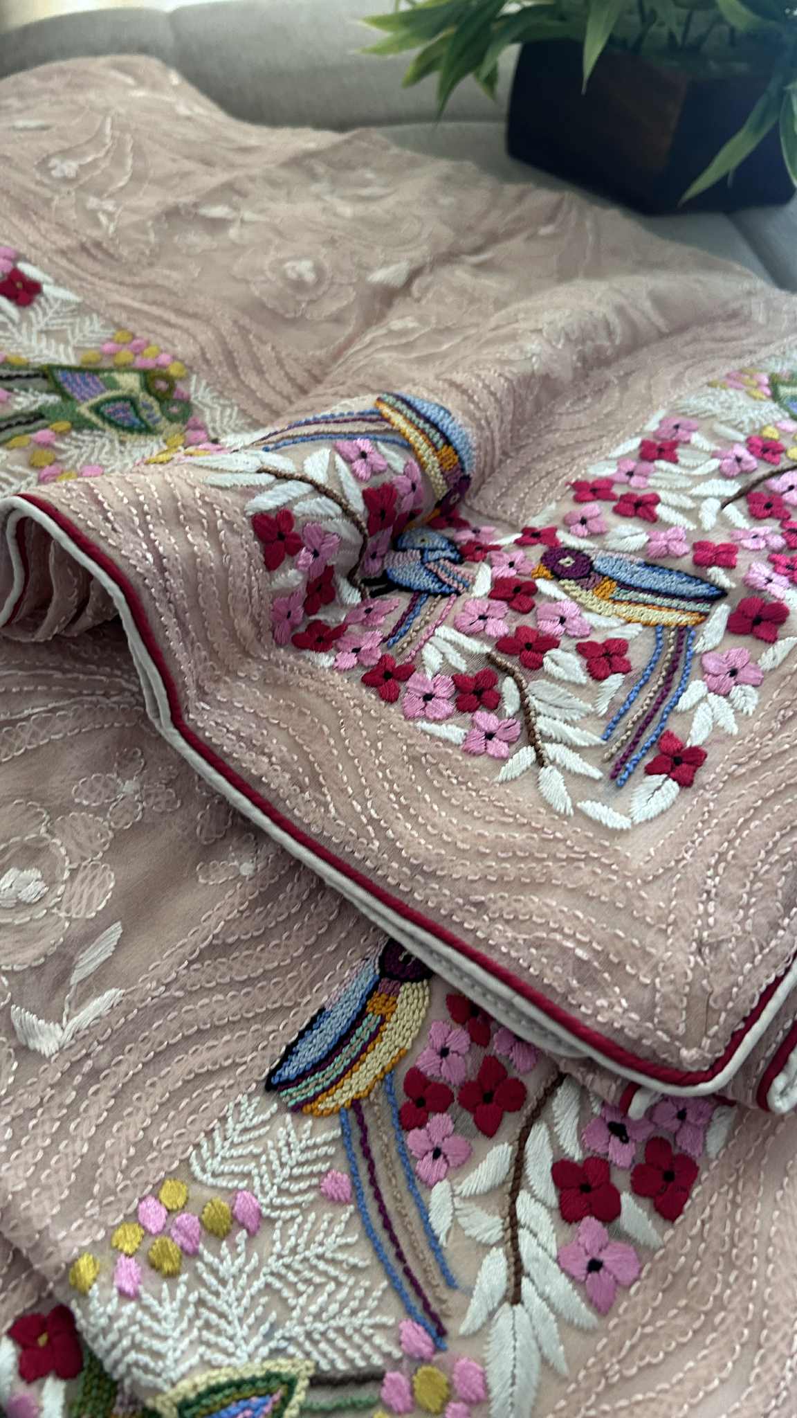 Oyster Pink Parsi Gara Dupatta with French Knot & Chikankari