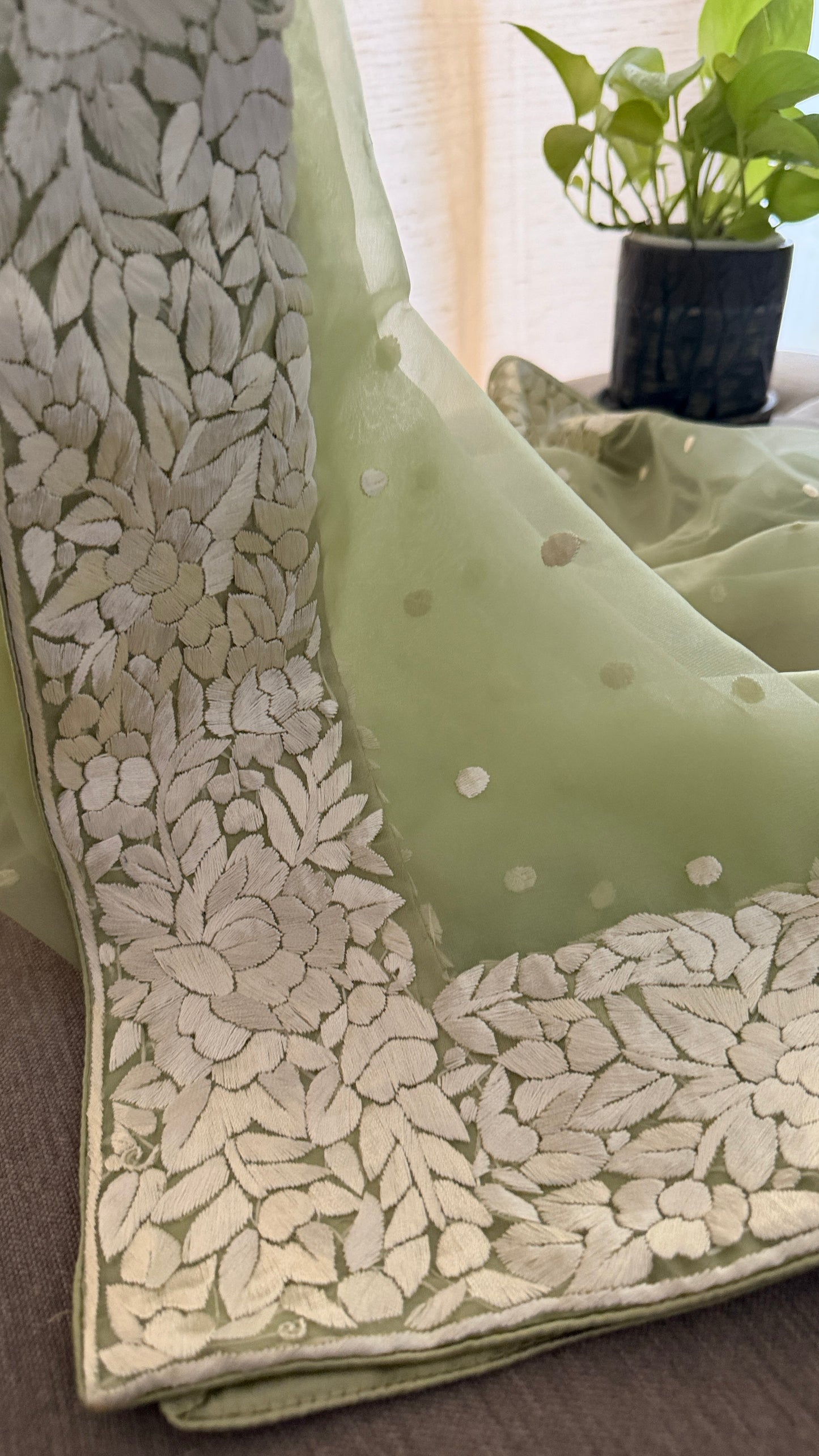 Exclusive Sage Green Organza Parsi Gara Dupatta