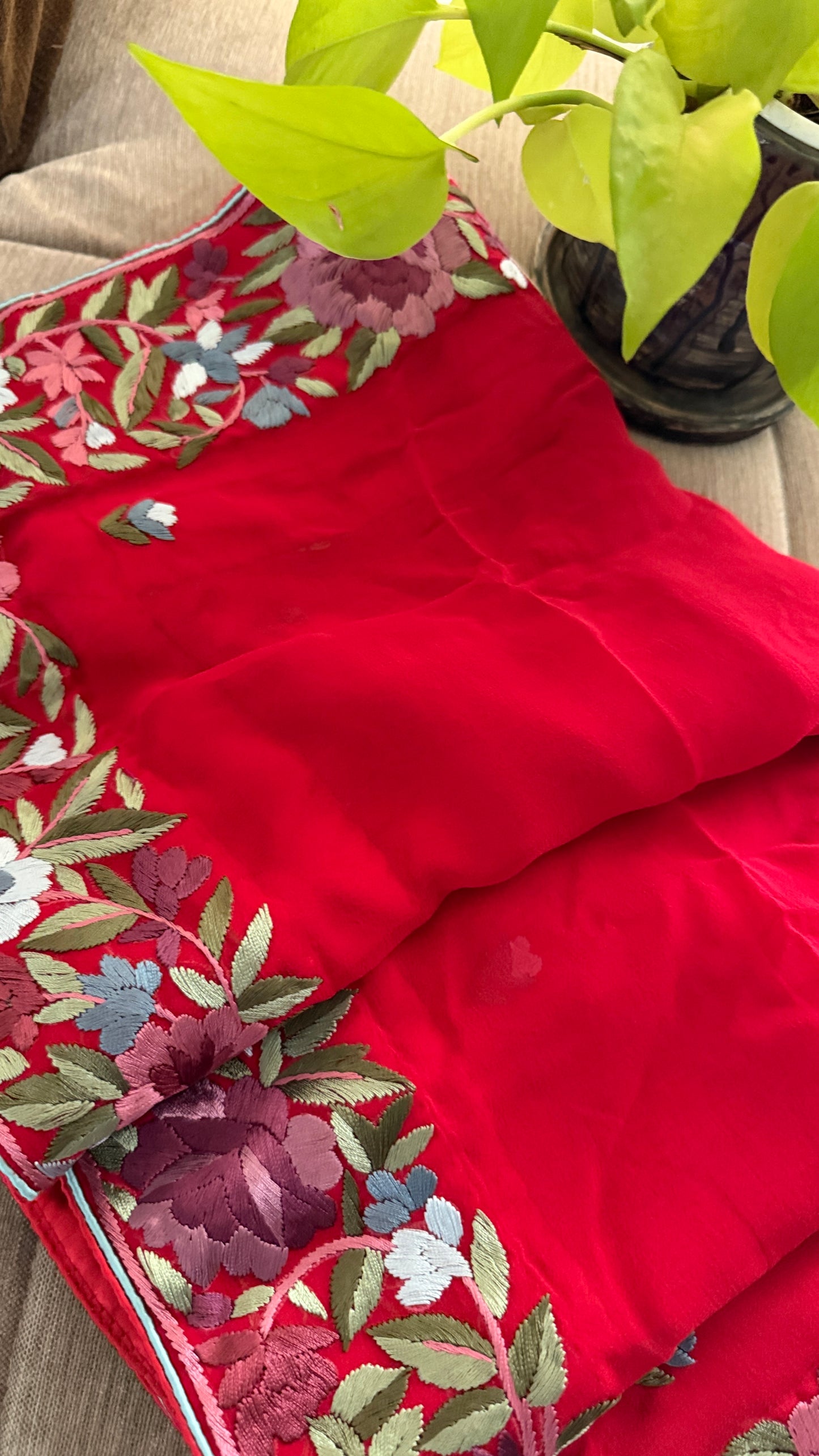 Artisanal Red Floral Parsi Gara Dupatta
