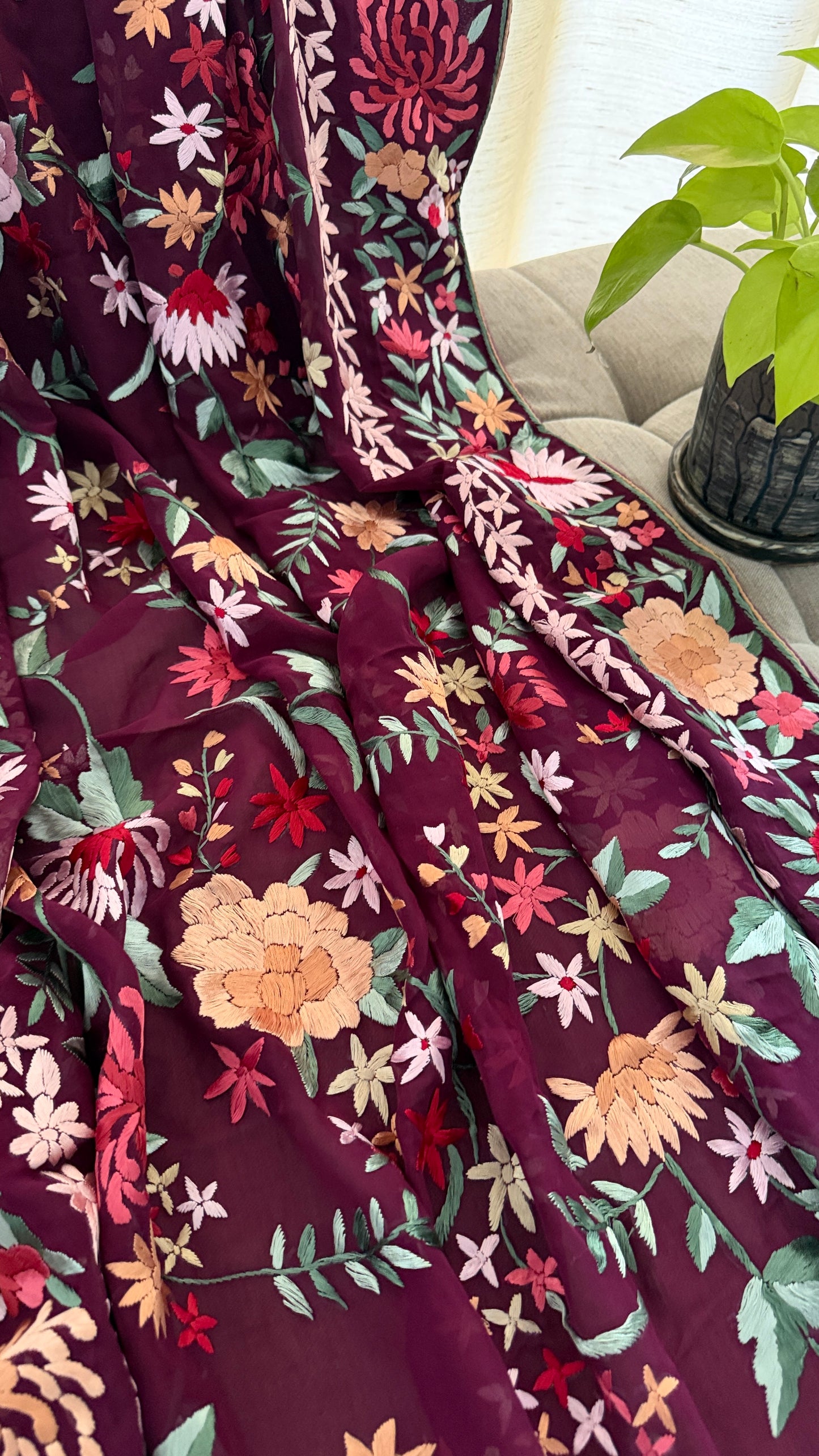 Burgundy Floral Parsi Gara Dupatta