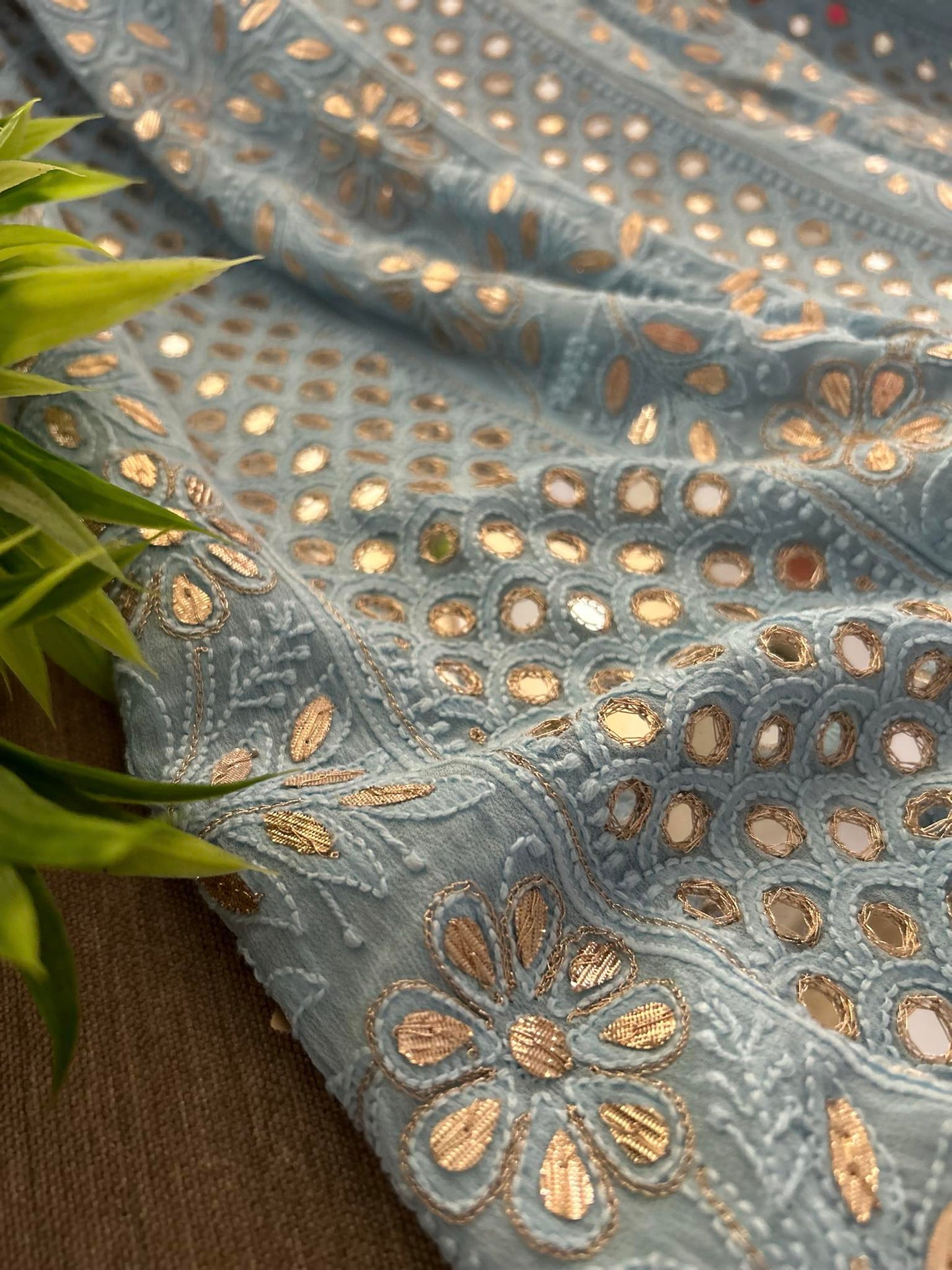 Powder Blue Mirror Gota Patti Chikankari Anarkali Suit
