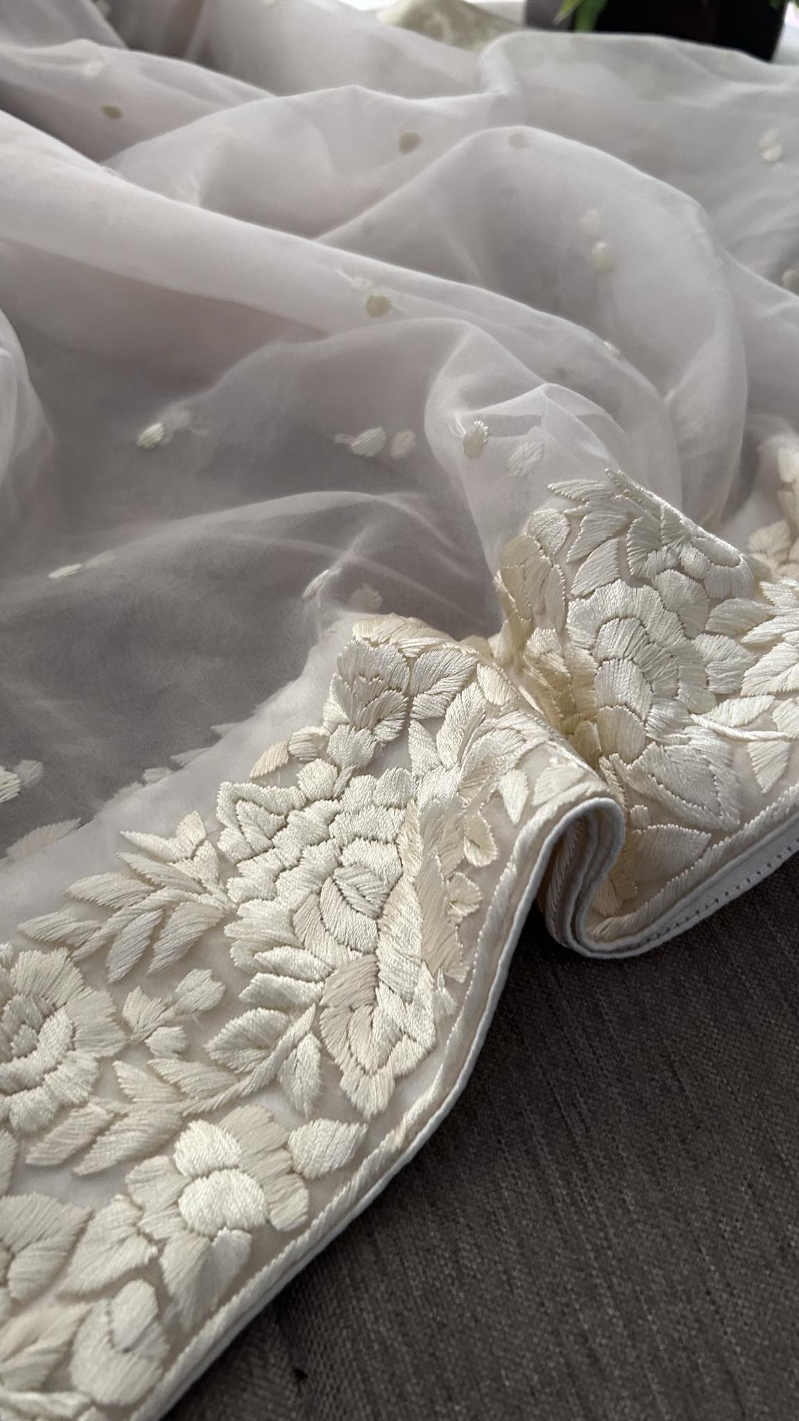 Ivory Organza Parsi Gara Dupatta