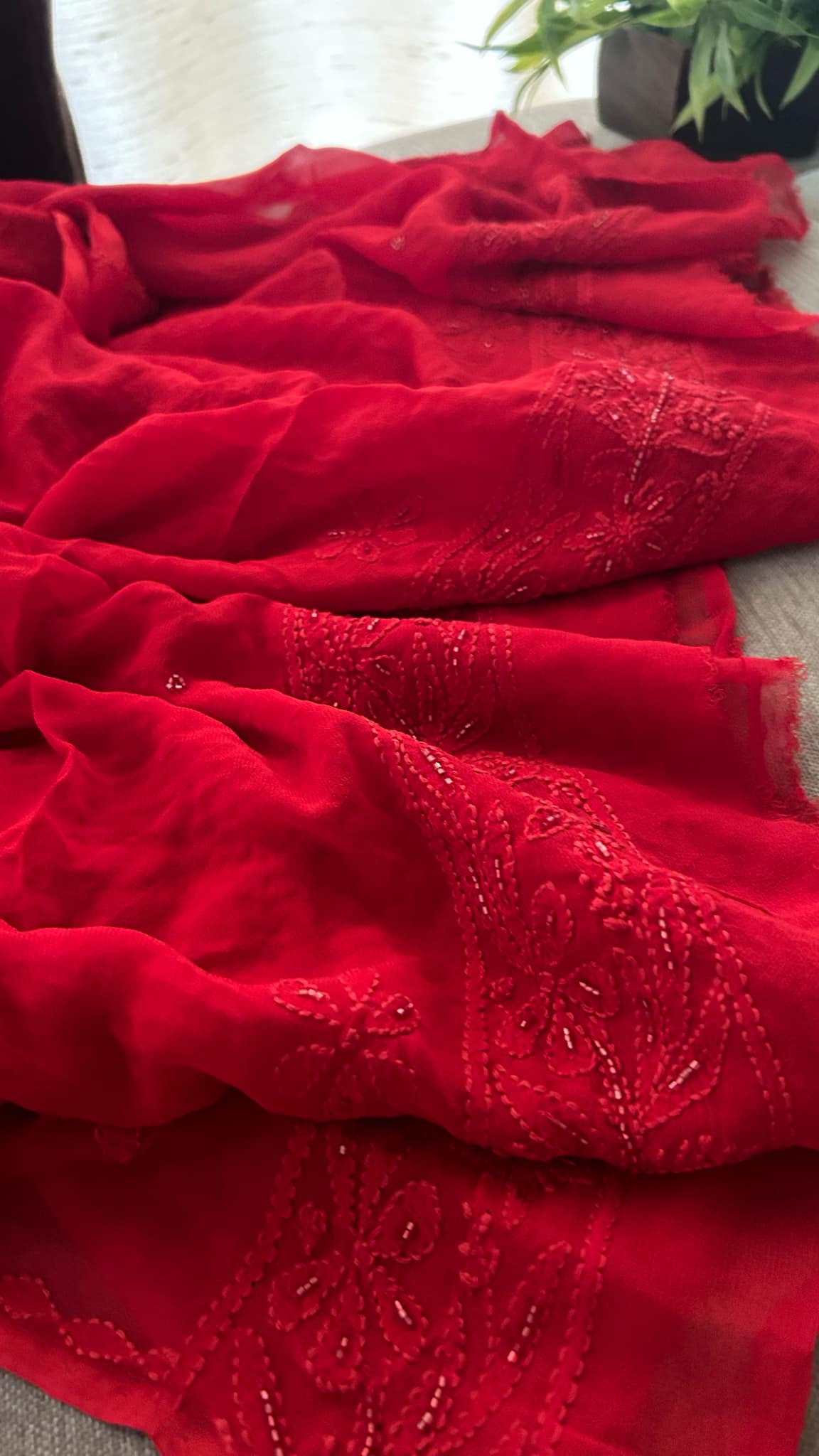 Red Party Wear Cut Dana Chikankari Kurta Dupatta Set