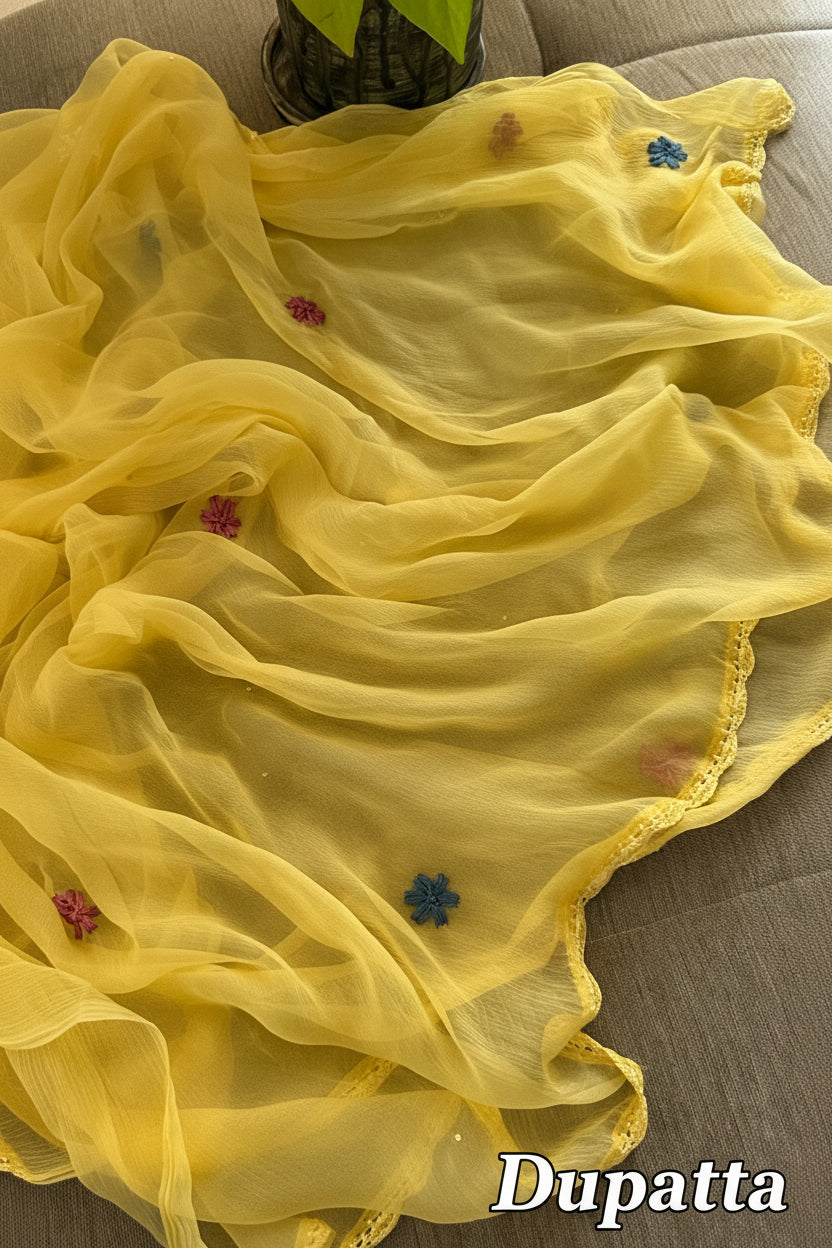 Yellow Parsi Inspired Chikankari Suit with Mukaish and Multicolour Neckline