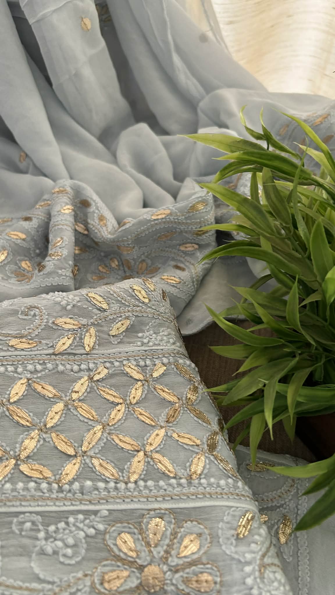 Greyish Blue Gota Patti Chikankari Anarkali Suit (Anarkali And Dupatta)