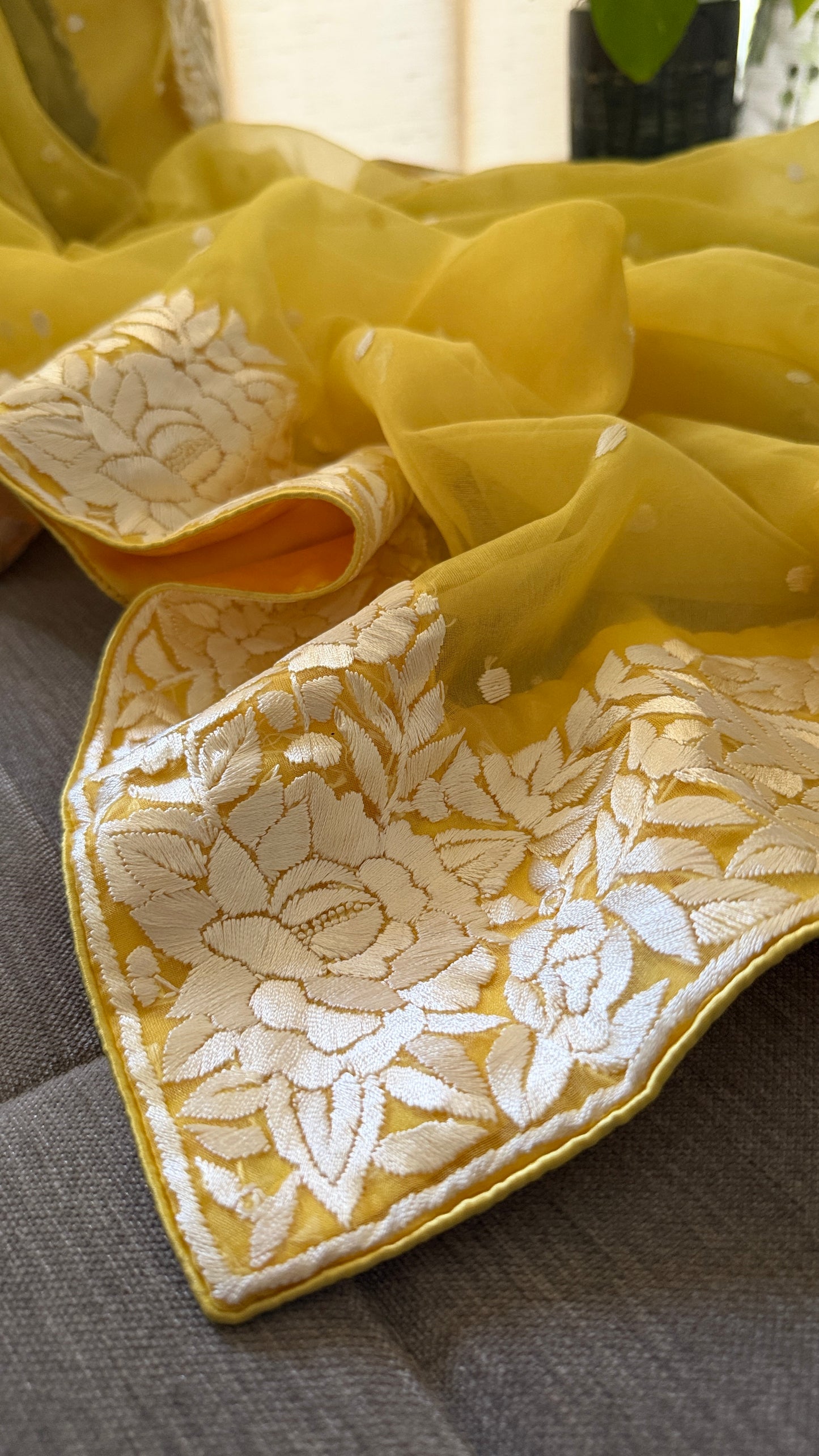 Exclusive Yellow Organza Parsi Gara Dupatta for Women