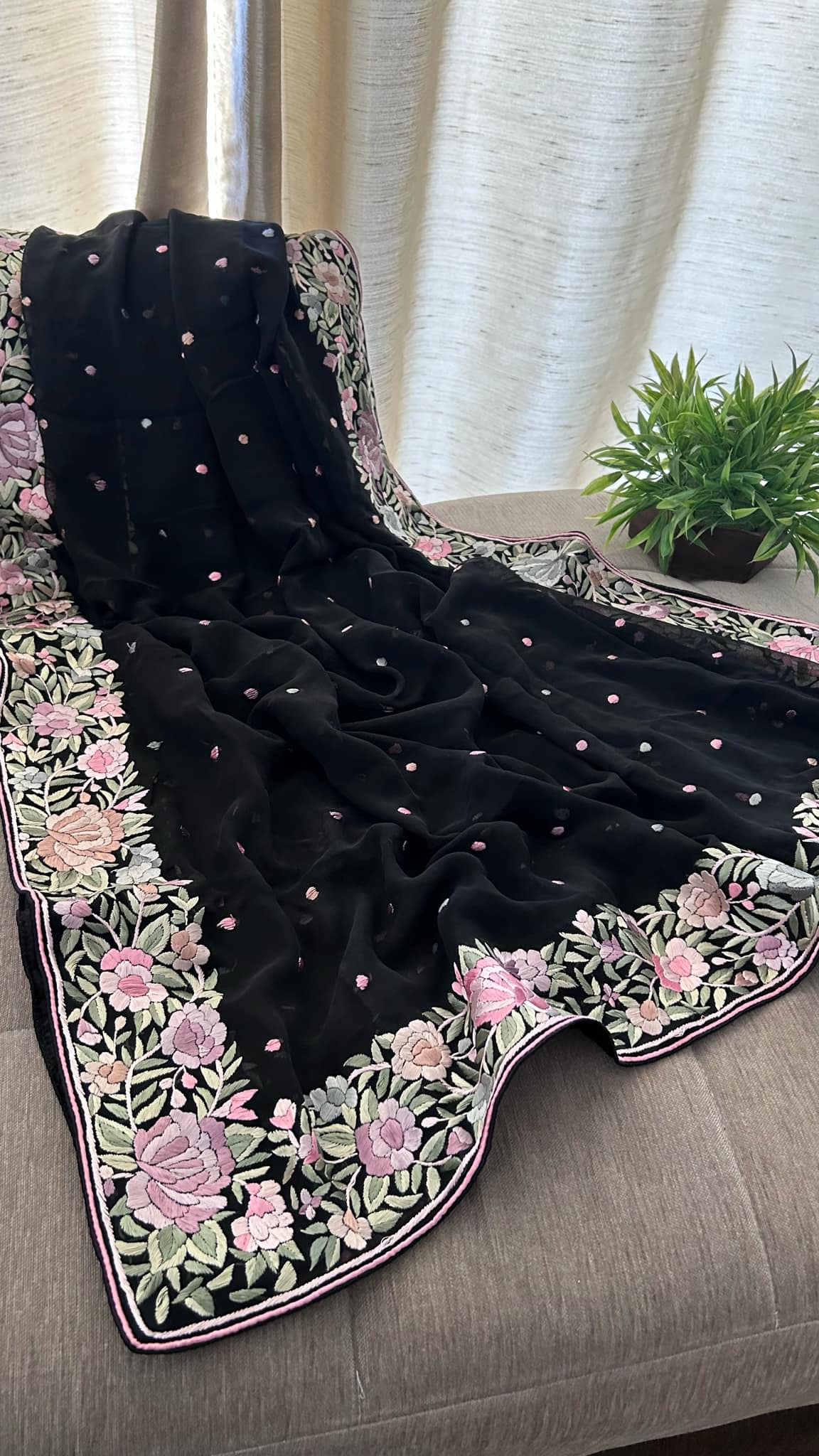 Pre Order Black Multicolour Parsi Gara Dupatta