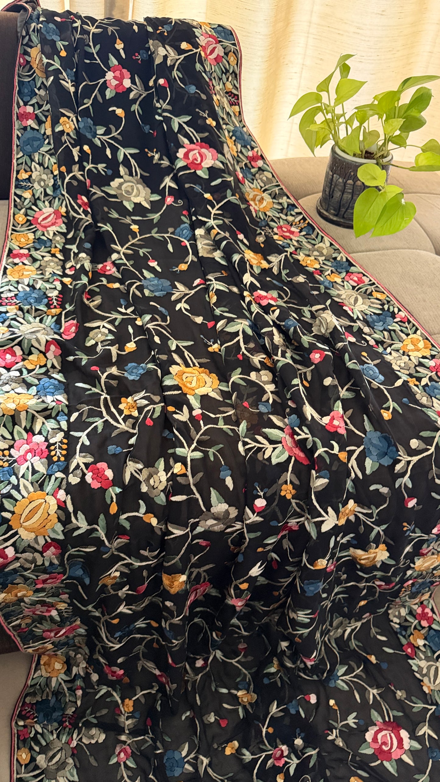 Black Floral Parsi Gara Dupatta with Multicolour Embroidery