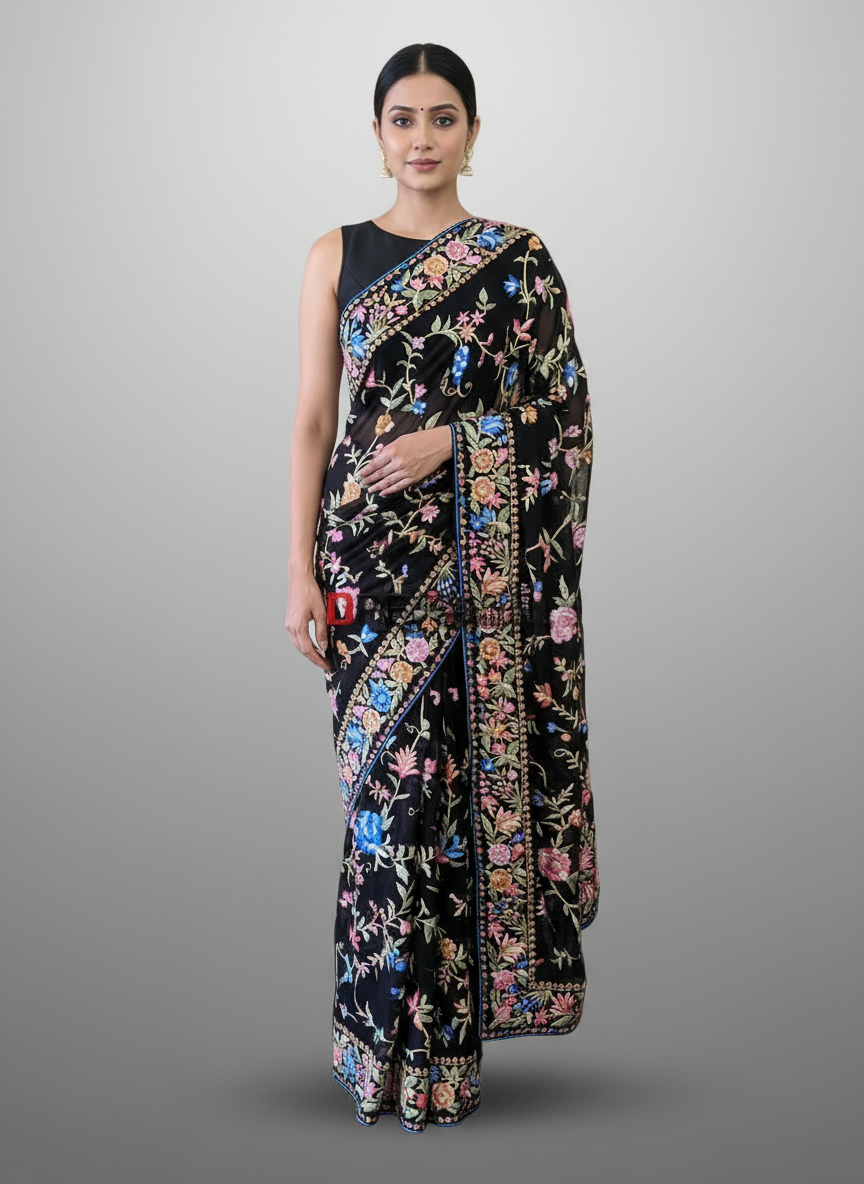 Pre Order Black Floral Parsi Gara Pure Georgette Saree