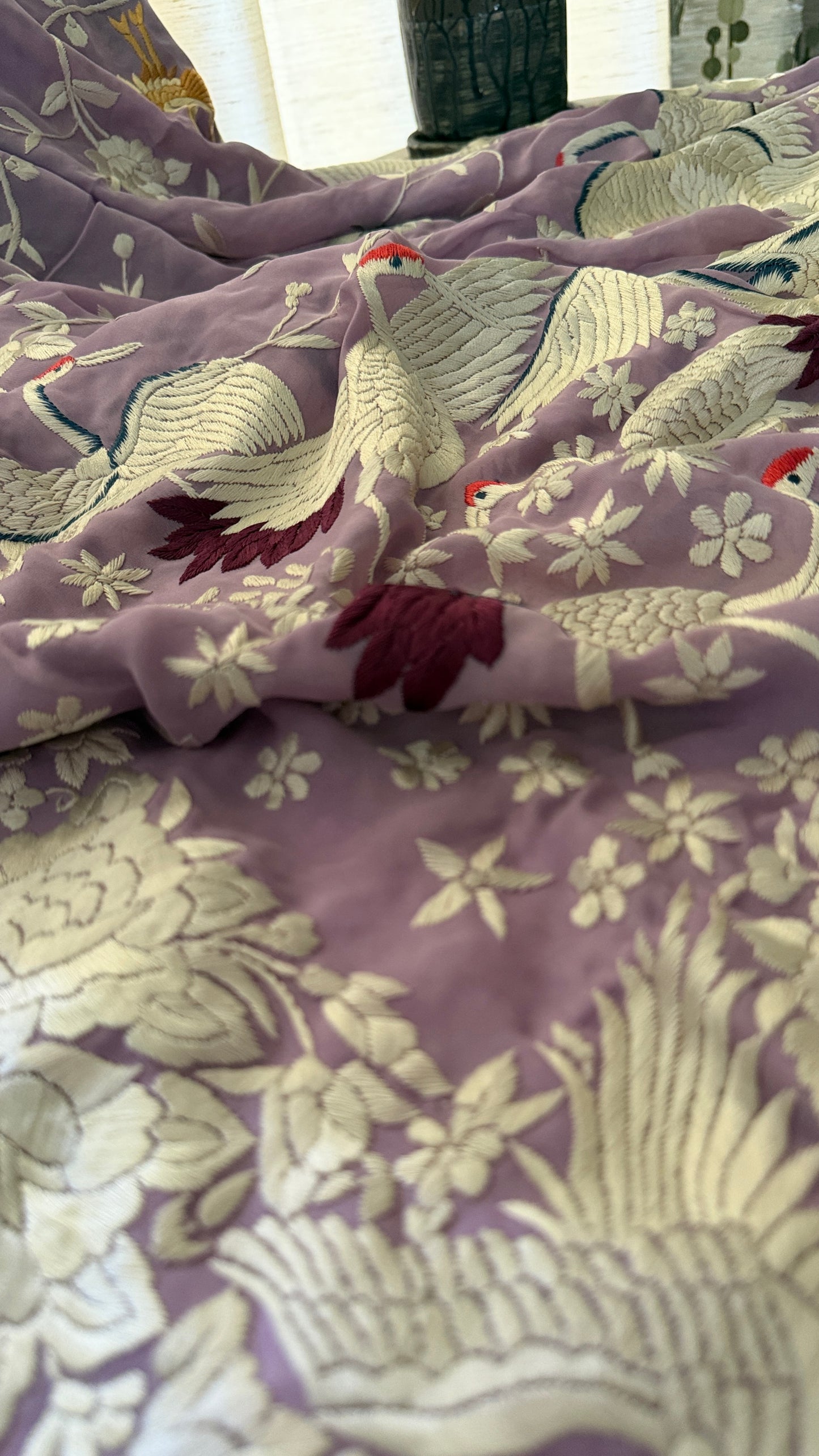 Lilac Pure Georgette Parsi Gara Dupatta