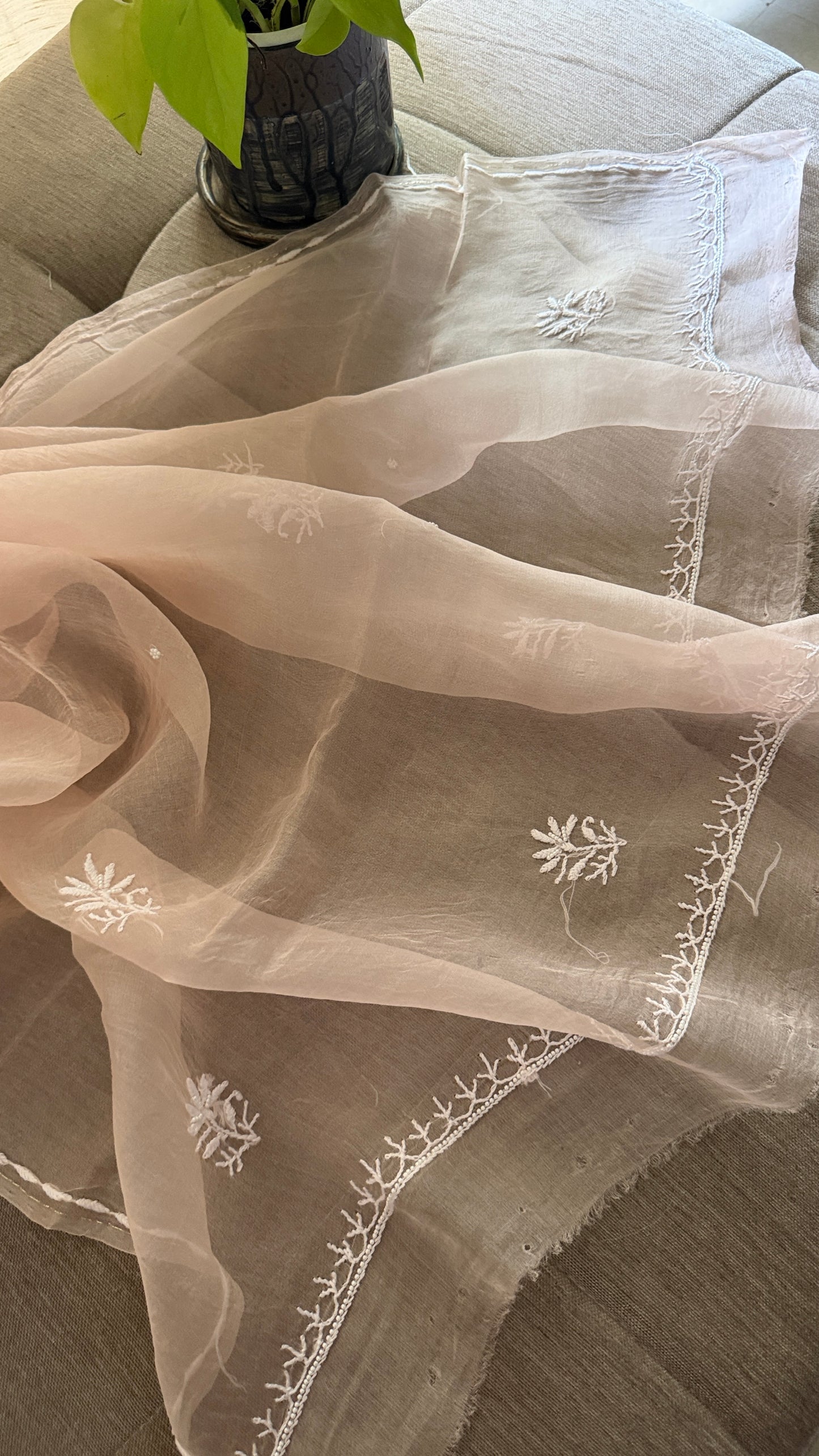 Pearl Embellished Pastel Pink Organza Chikankari Suit