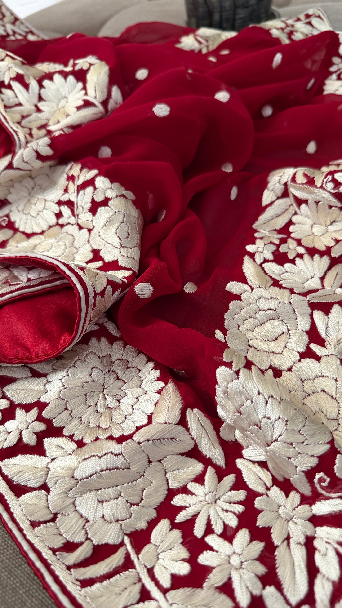 Artisanal Maroon Ivory Floral Parsi Gara Dupatta