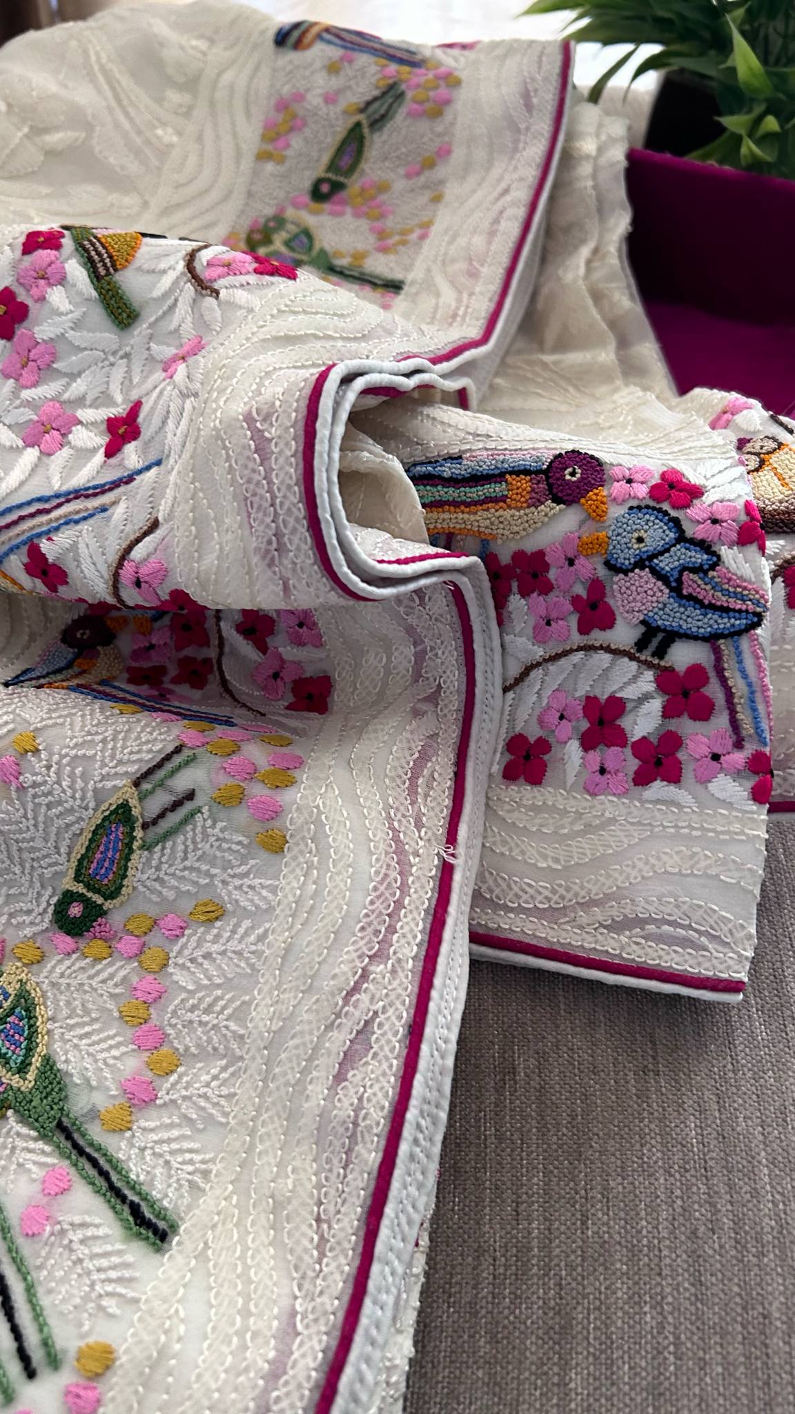 Chikankari, Parsi Gara & French Knot Hand Embroidered Dupatta