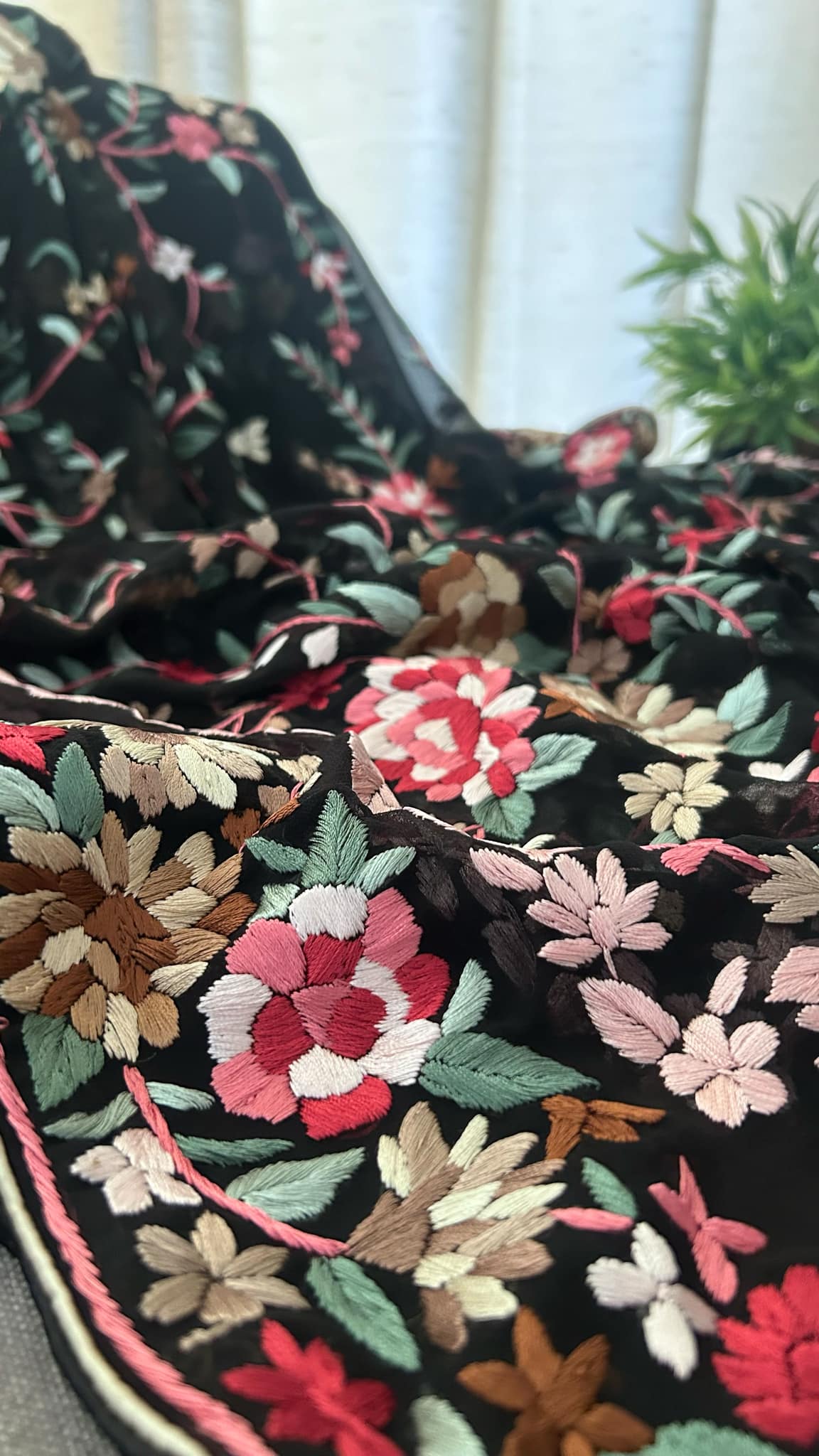 Pre Order Black Floral Multicolour Parsi Gara Dupatta