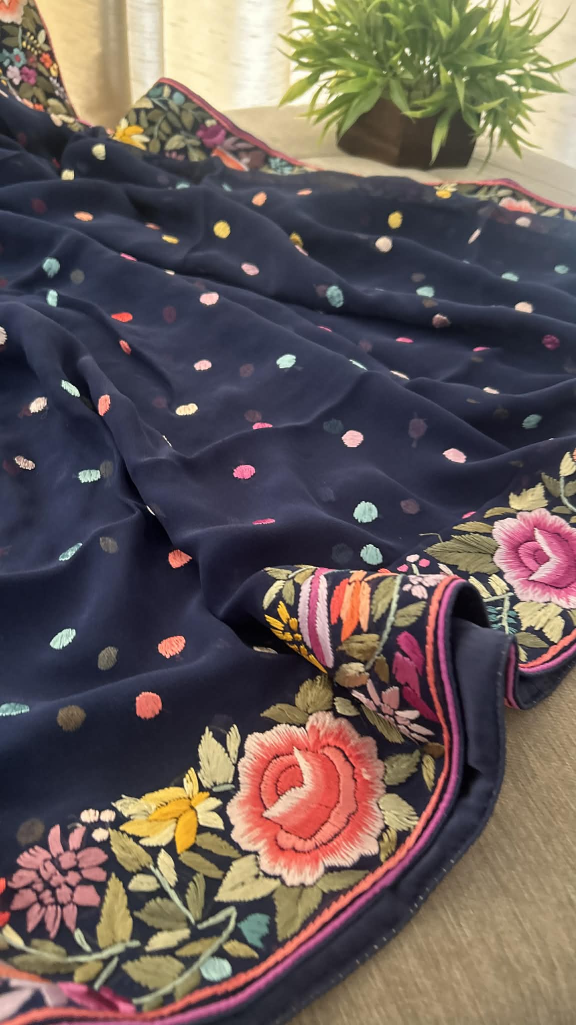 Pre Order Navy Multicolour Parsi Gara Dupatta