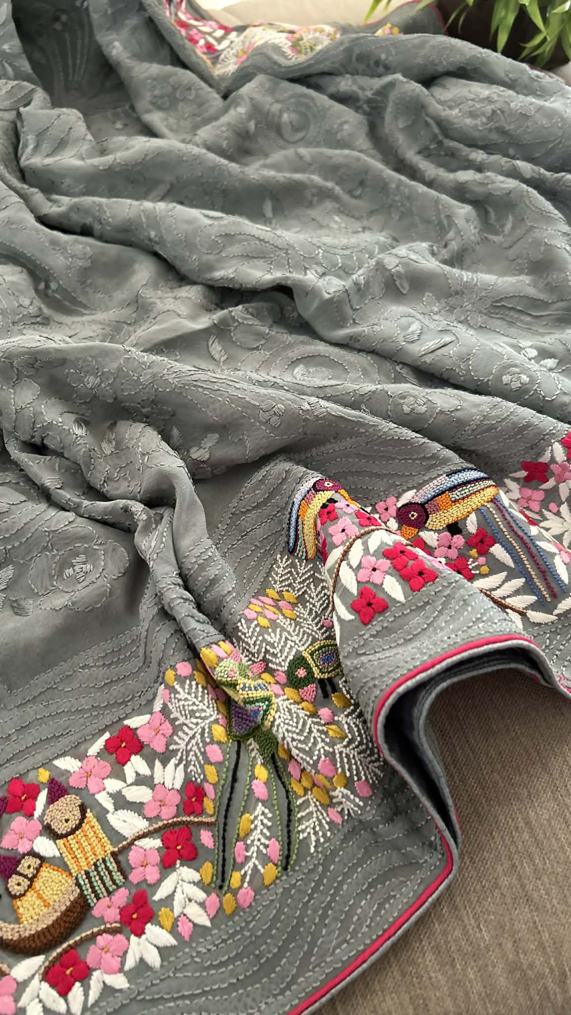 Grey Chikankari French Knot Hand Embroidered Dupatta