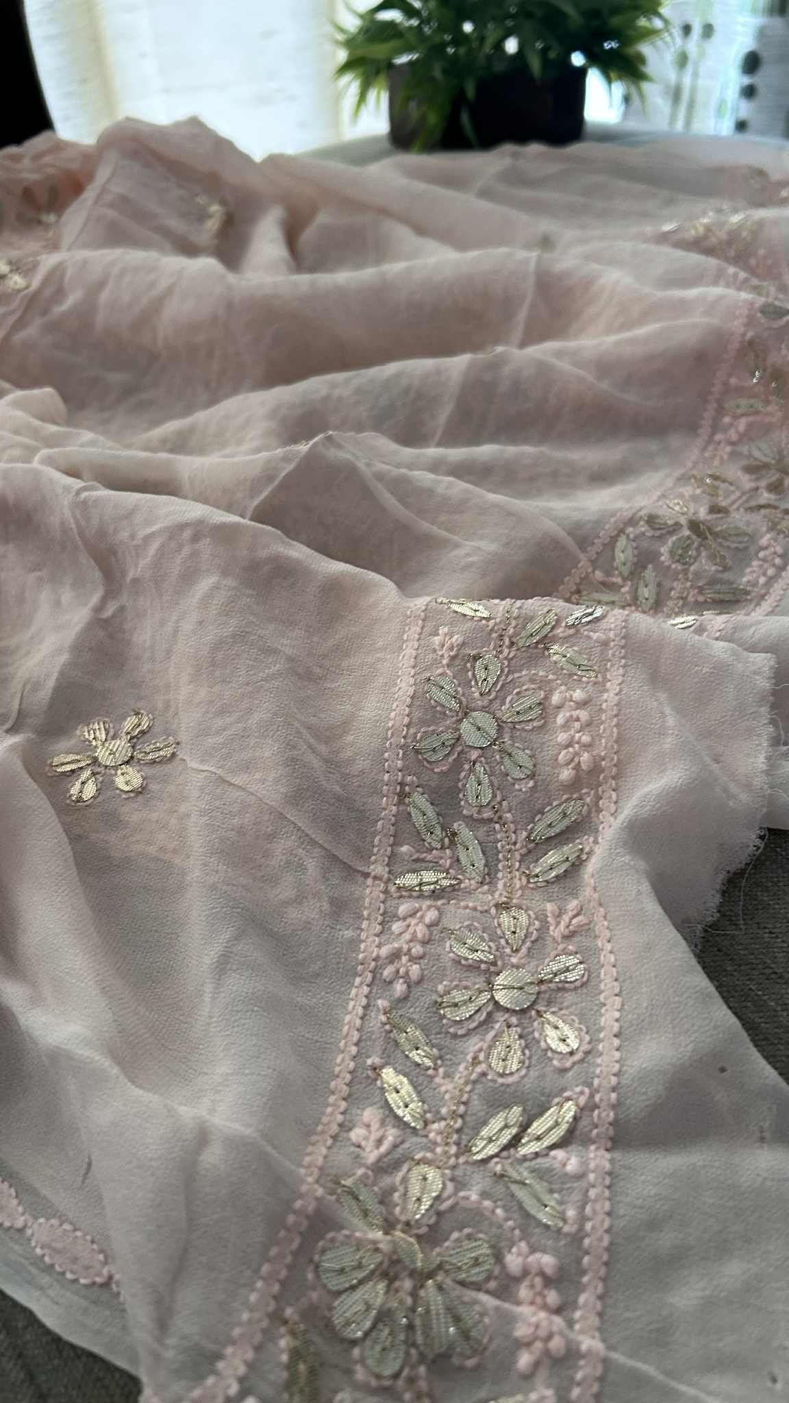 Light Peach Gota Patti Unstitched Chikankari Suit (Kurta & Dupatta)