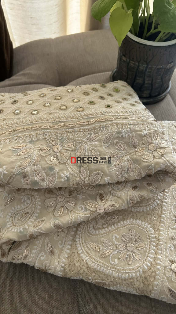 Beige Mirror & Gota Patti Lucknow Chikankari Lehenga Skirt (Only Skirt) Chikankari Lehenga