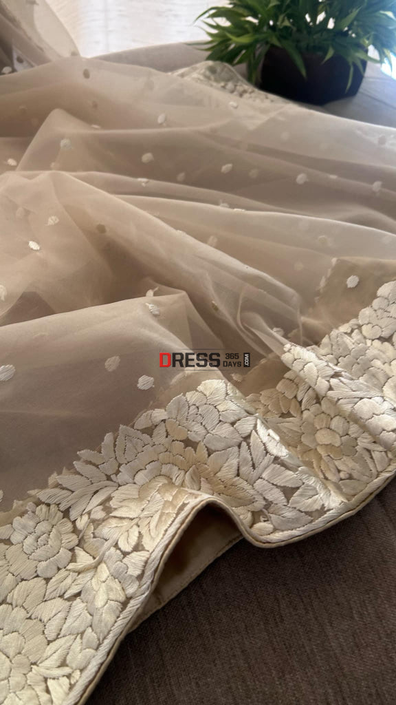 Beige Organza Parsi Gara Hand Embroidered Dupatta Parsi Gara Dupatta