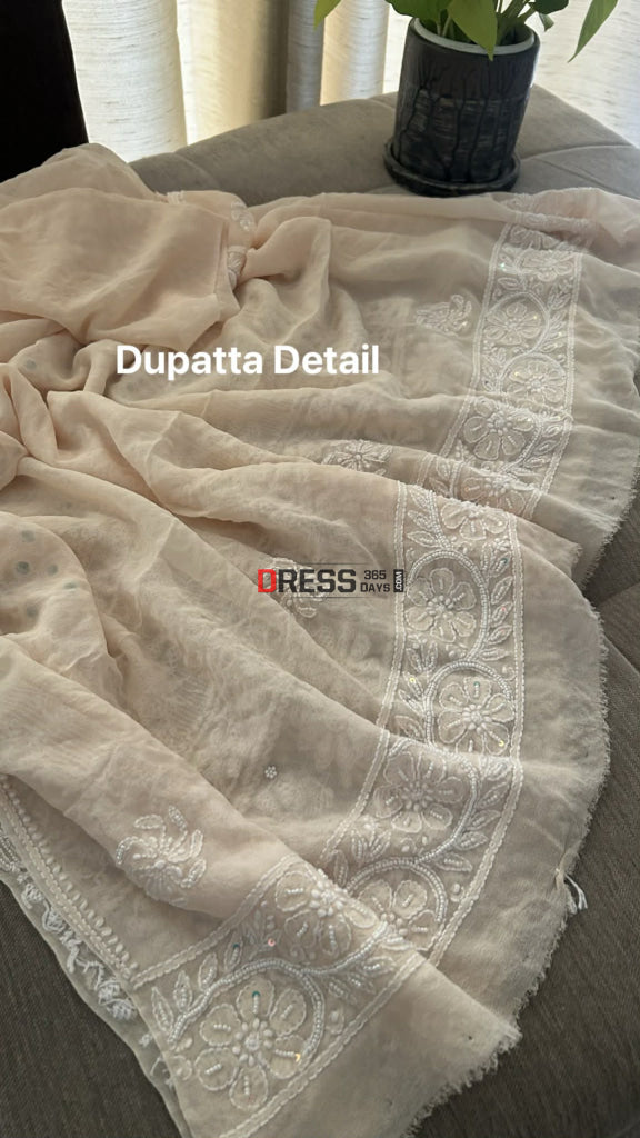 Beige Pearl & Mirror Chikankari Suit (Kurta& Dupatta) Chikankari Suits
