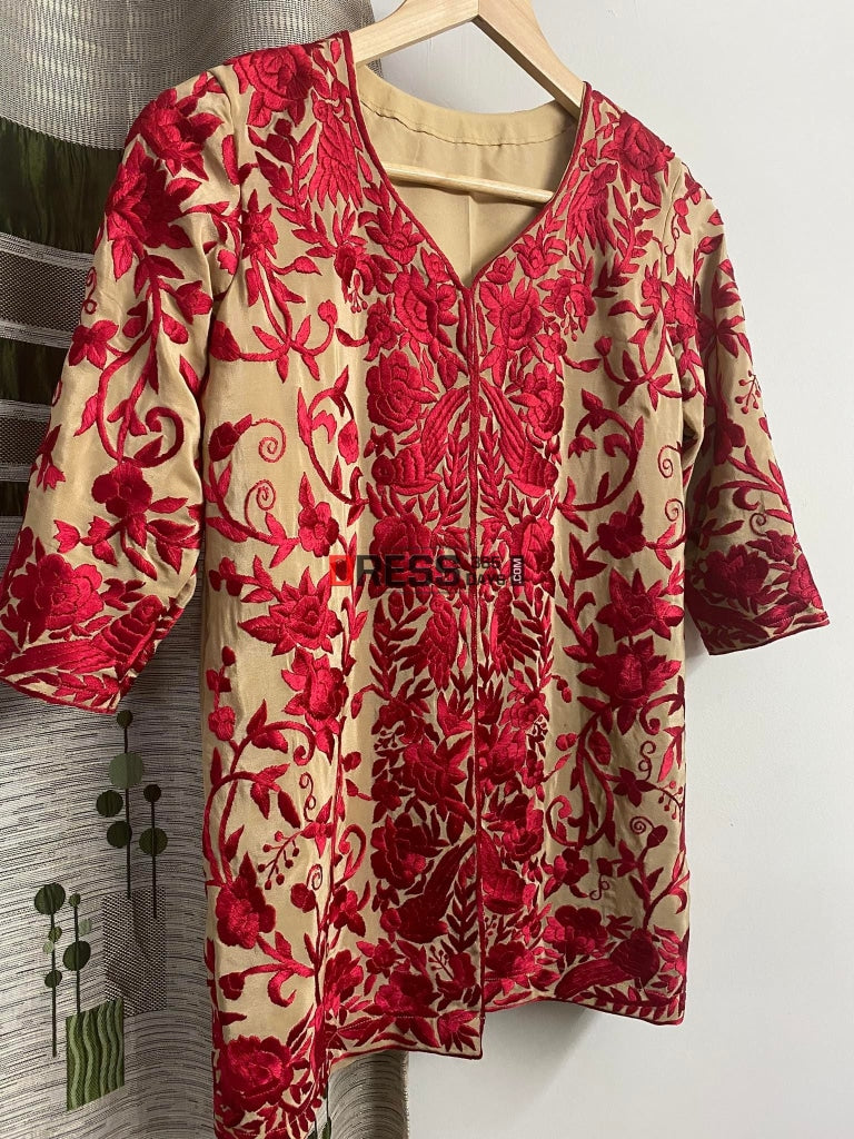 Beige & Red Parsi Coat - Hand Embroidered Jacket