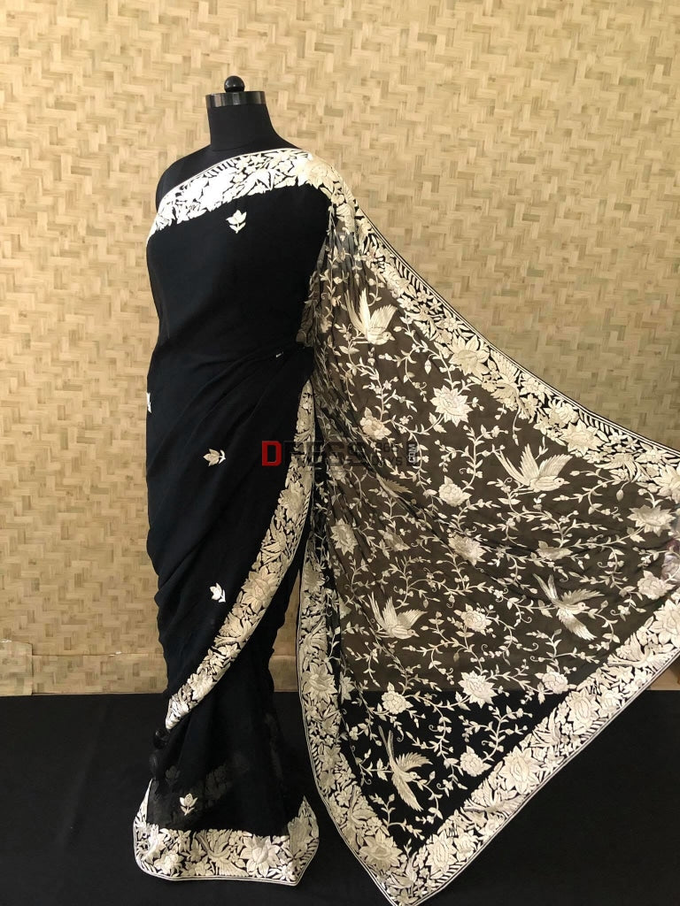 Pre Order Black Parsi Gara Hand Embroidered Saree