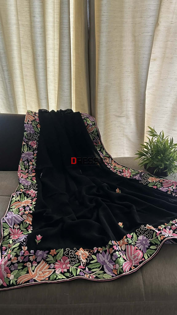 Black Pure Georgette Parsi Gara Dupatta Parsi Gara Dupatta