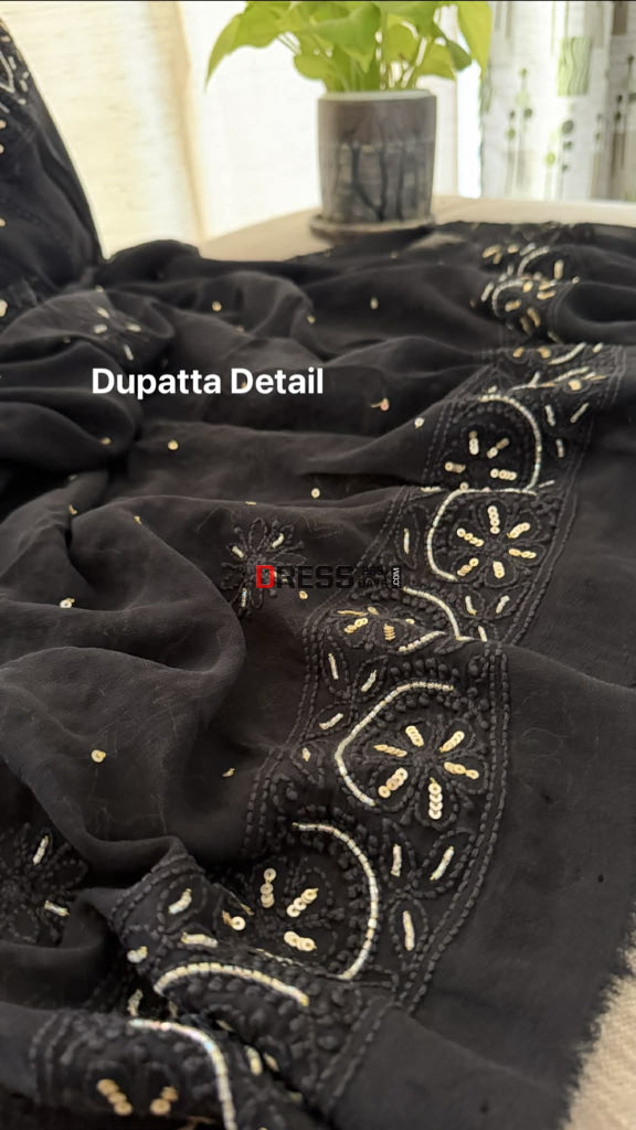 Black Sequins & Cut Dana Chikankari Suit (Kurta Dupatta) - Chikankari Suits