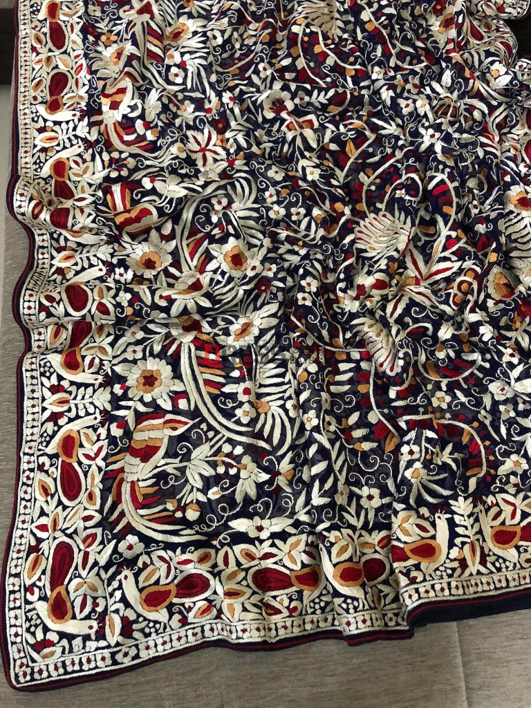 Pre Order Blue Parsi Gara Pure Georgette Hand Embroidered Dupatta