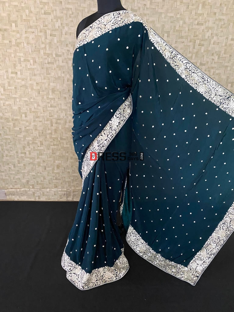 Pre Order Bottle Green & Ivory Parsi Gara Saree