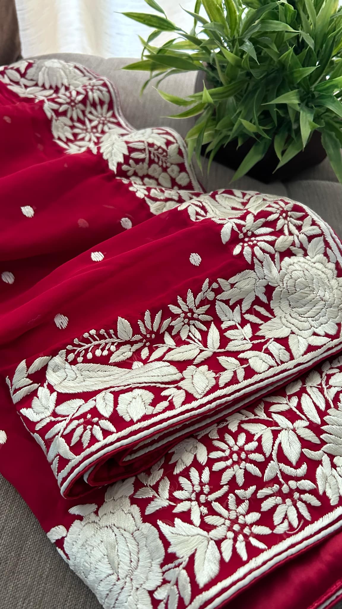 Pre Order Ivory & Red Parsi Gara Hand Embroidered Dupatta