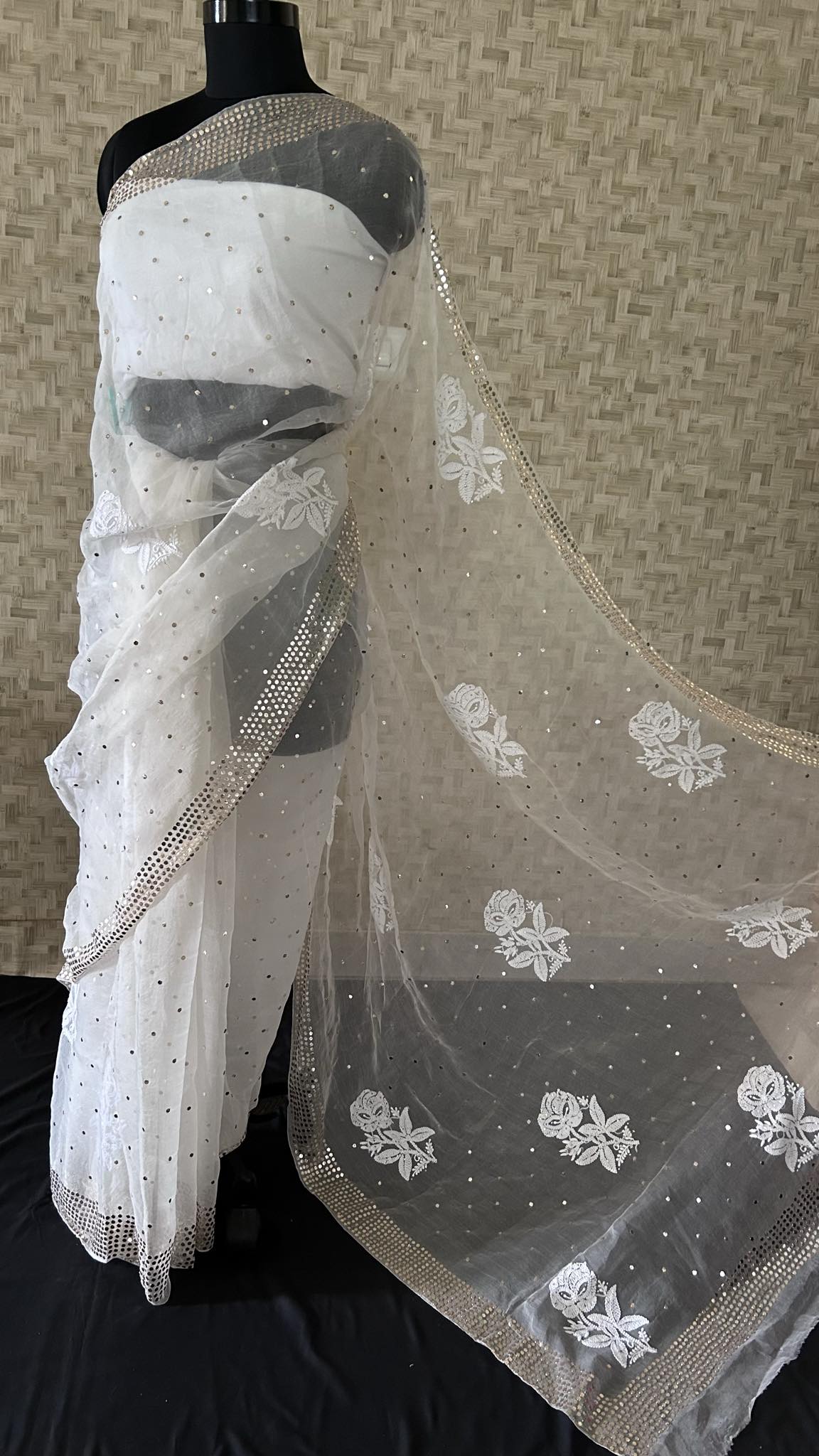 Ivory White Organza Chikankari & Mukaish Saree