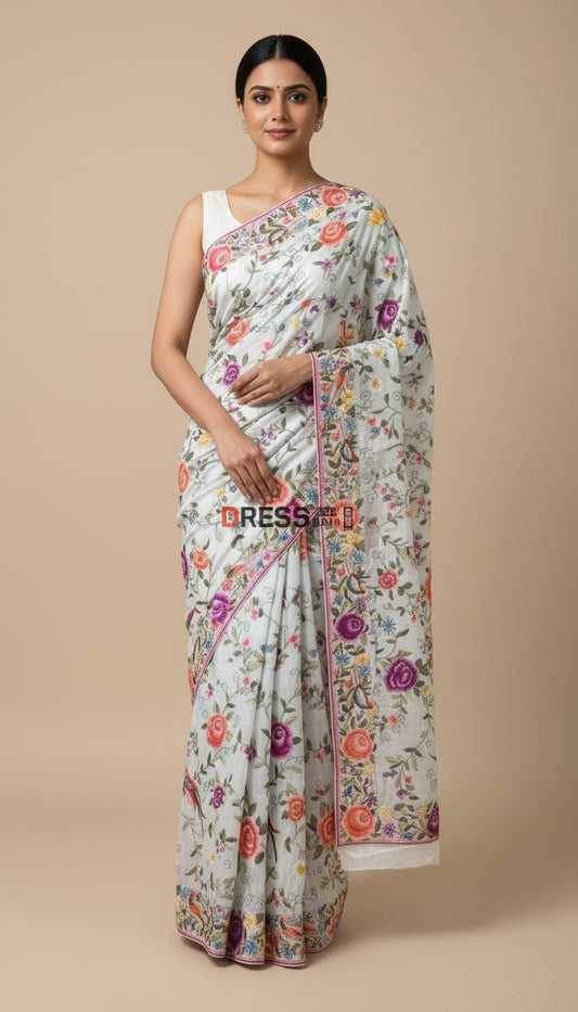 Pre Order Crepe Silk Parsi Gara Hand Embroidered Saree