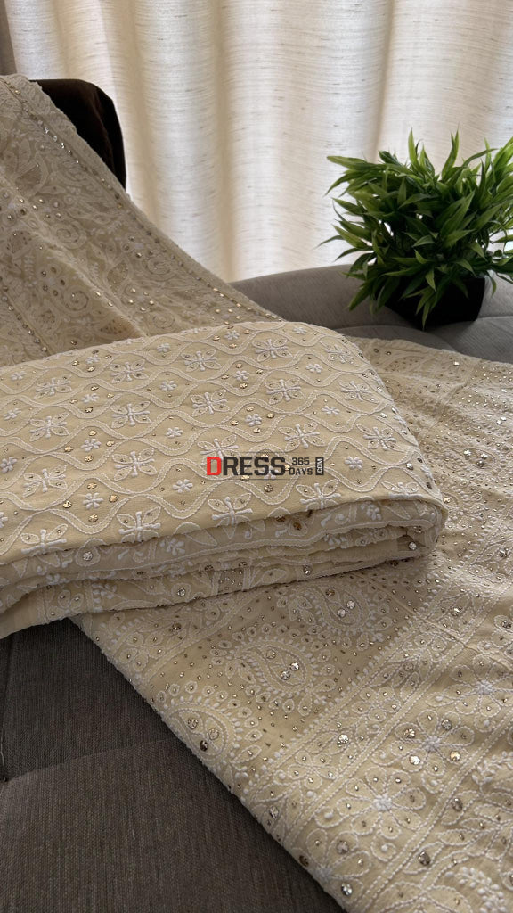 Designer Beige Kamdani Lucknowi Chikankari Lehenga Set