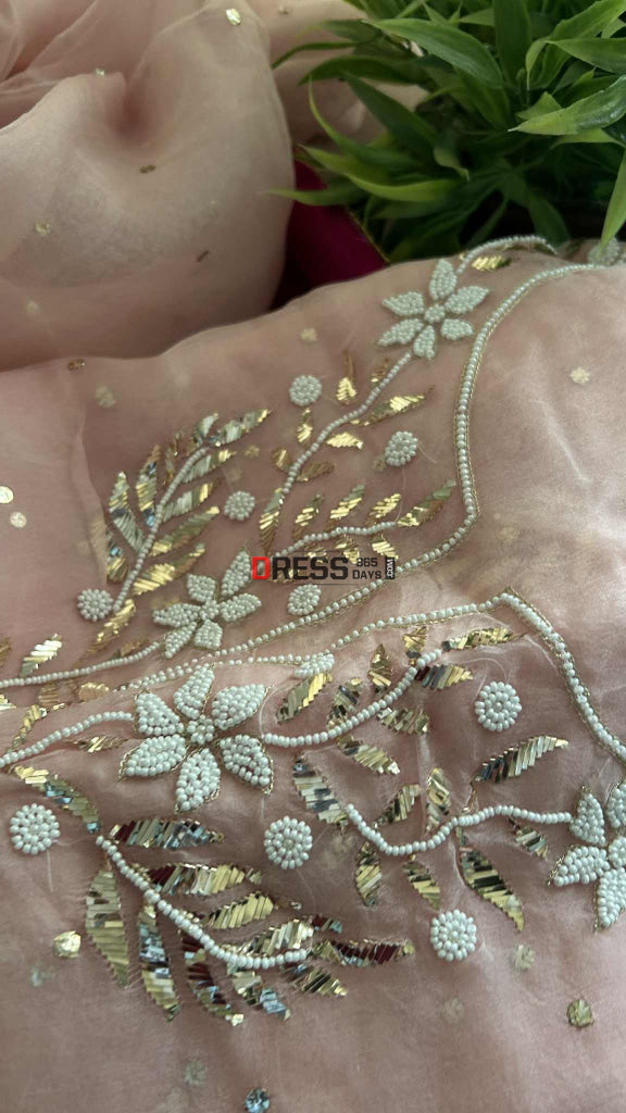 Designer Powder Pink Organza Mukaish Pearl Suit Chikankari Suits