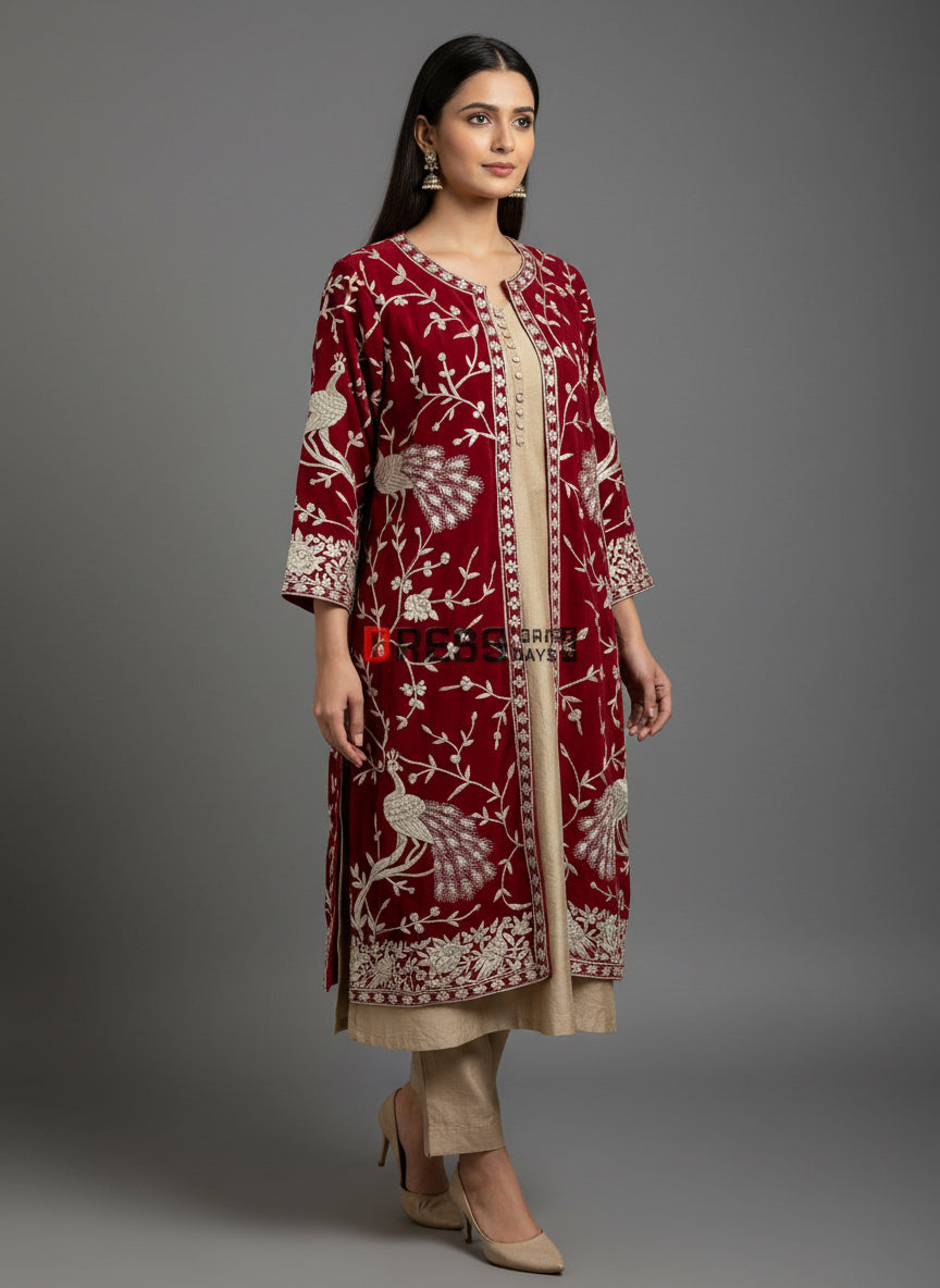 Designer Red & Ivory Parsi Gara Hand Embroidered Jacket M