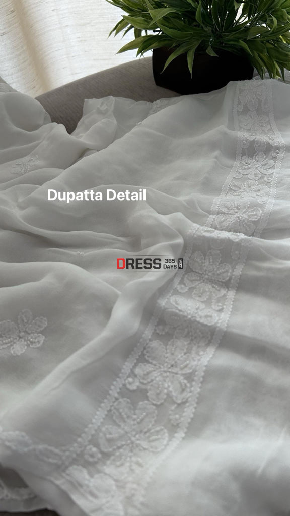 Designer White Pearl Lucknowi Chikankari Anarkali Suit