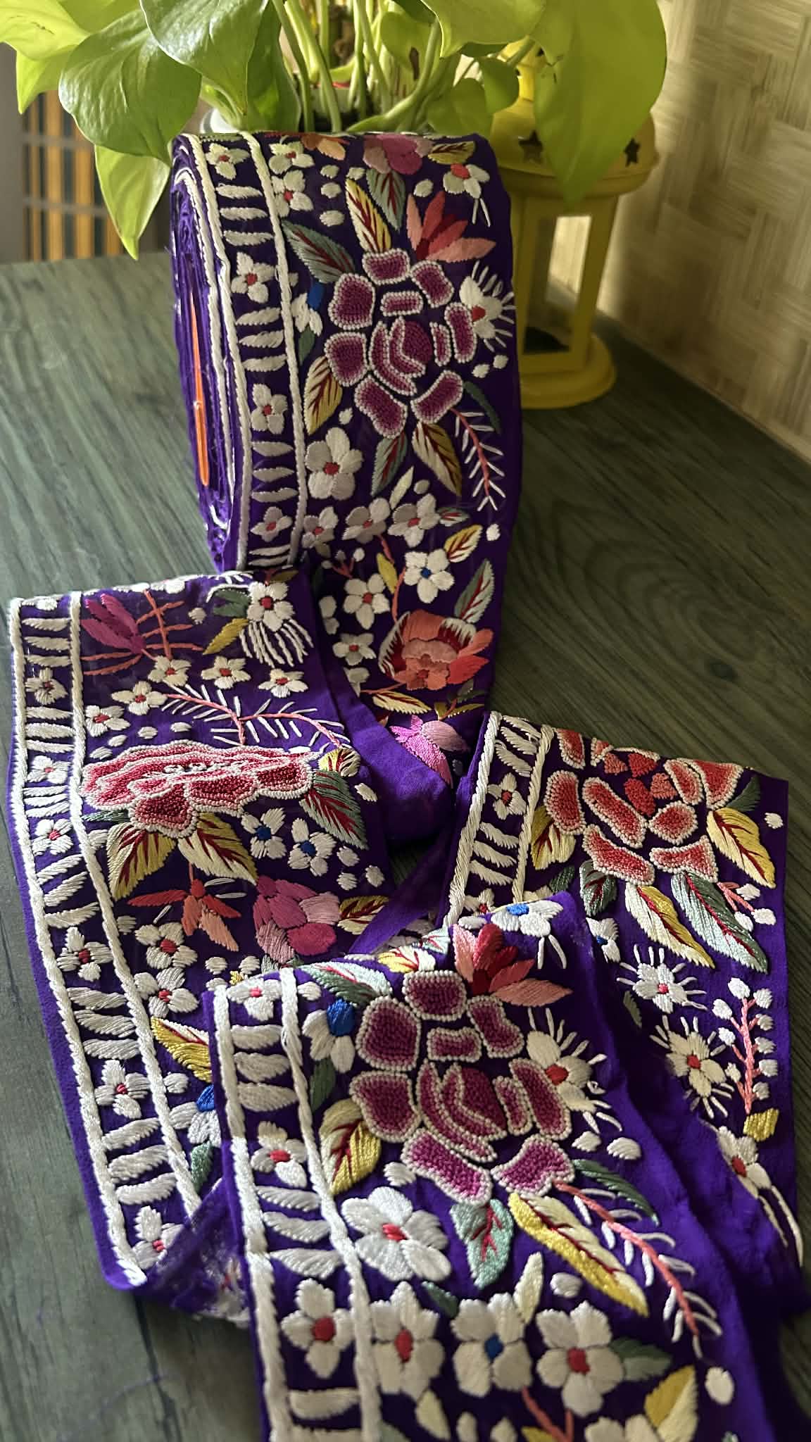 Hand Embroidered Parsi Gara Lace ā Royal Purple Floral Border (9 Meter)