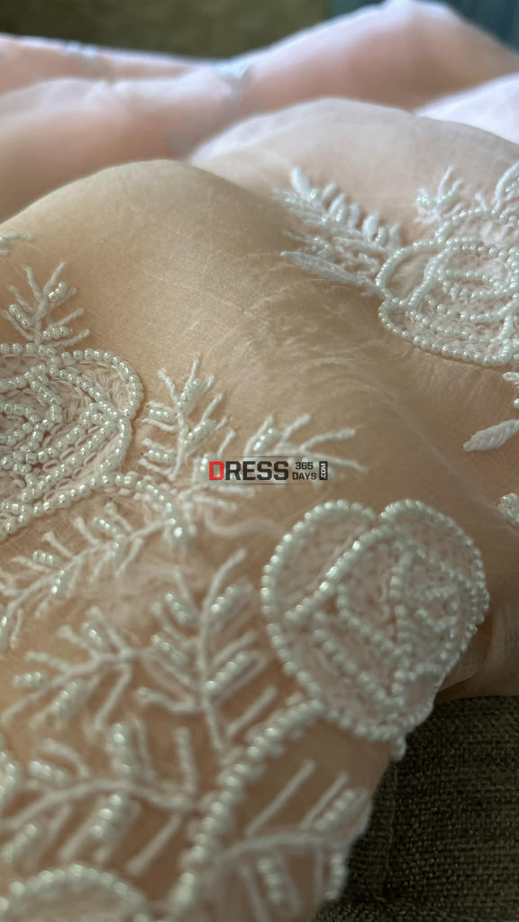 Exclusive Pastel Pink Organza Chikankari Pearl Suit - Chikankari Suits