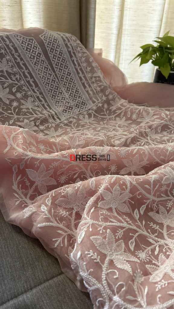 Exclusive Pastel Pink Organza Pearl Chikankari Suit - Chikankari Suits