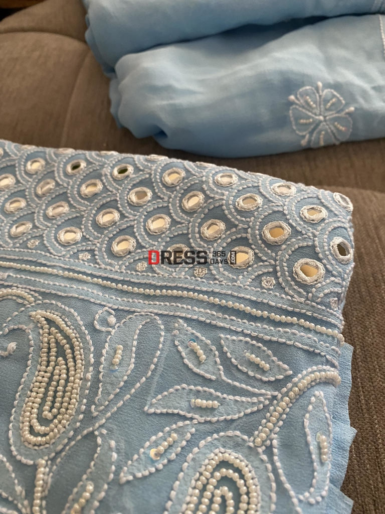 Exclusive Powder Blue Pearl & Mirror Lucknowi Suit Chikankari Suits