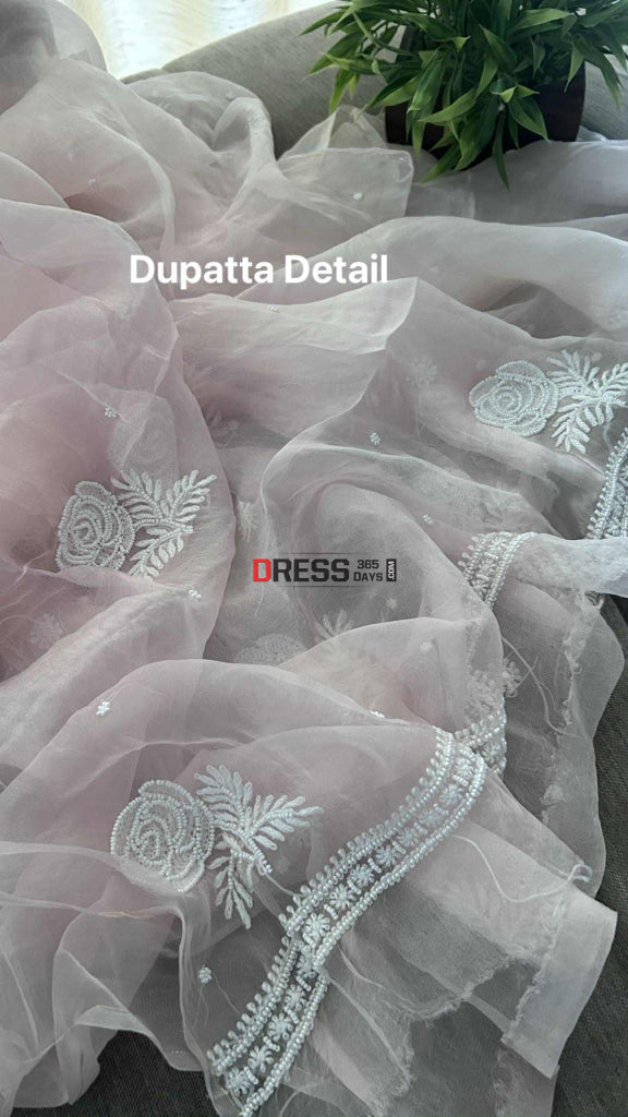 Exclusive Powder Pink Organza Chikankari Pearl Suit Chikankari Suits