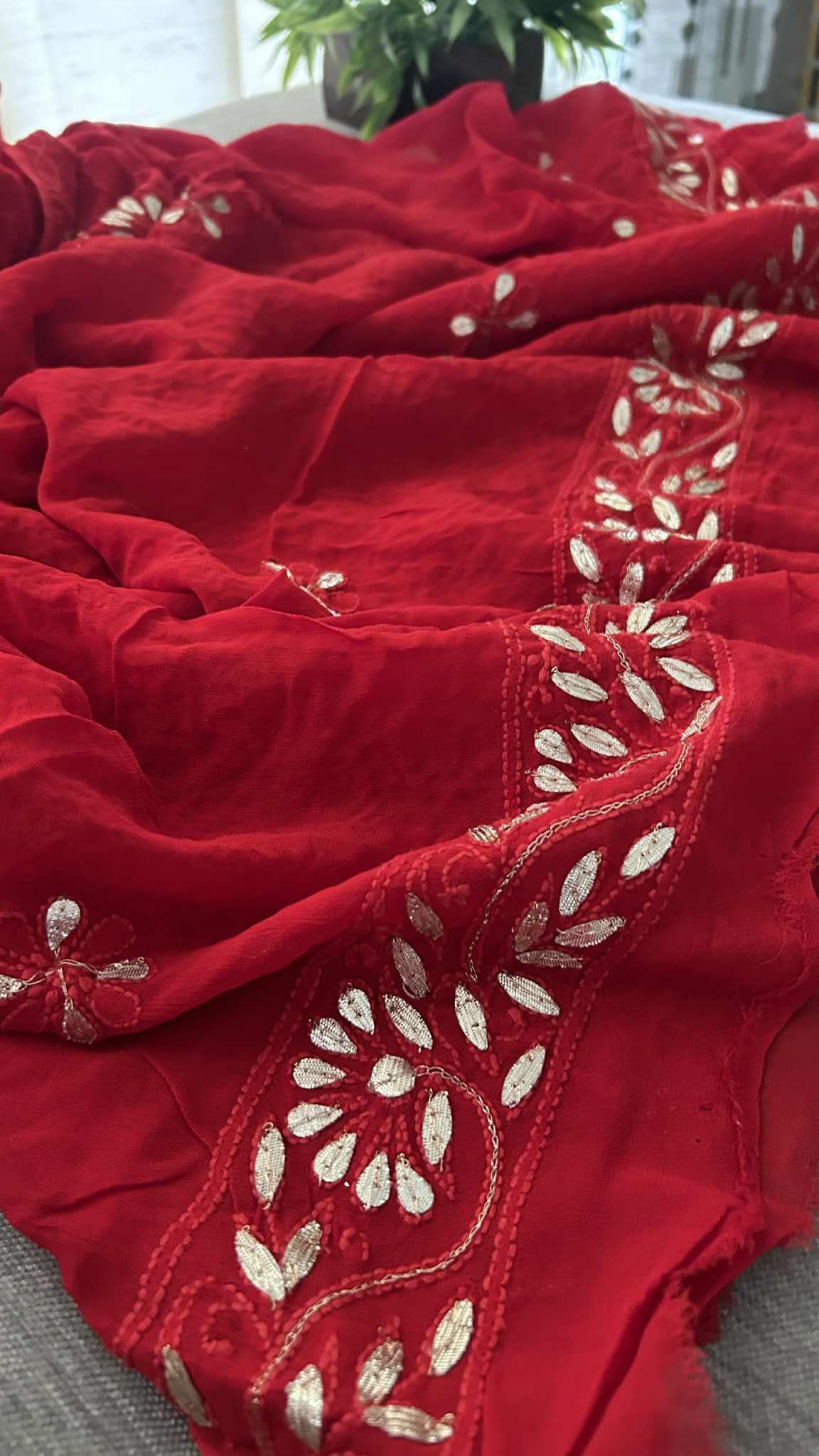 Red Gota Patti Unstitched Chikankari Suit (Kurta & Dupatta)