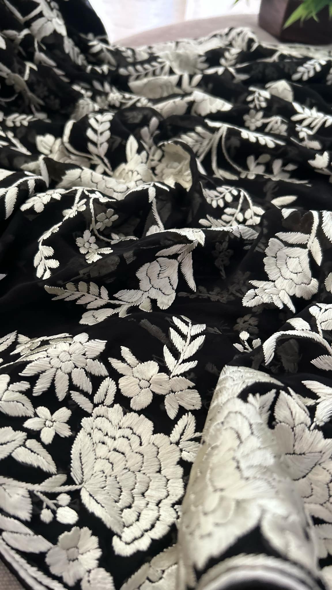 Pre Order Black & Ivory Parsi Gara Hand Embroidered Dupatta