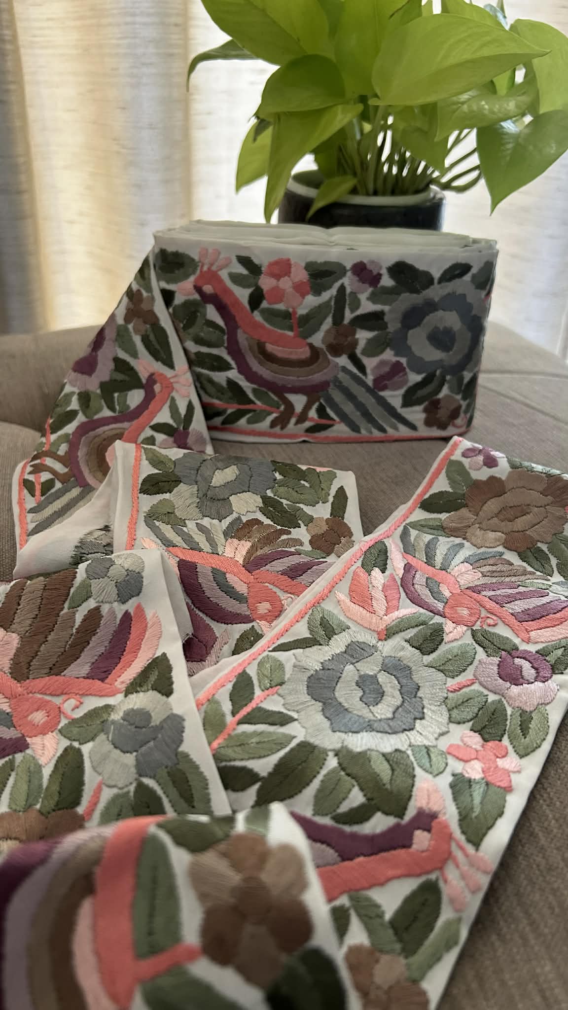 Ivory Parsi Gara Embroidered Dupatta with Bird Motifs