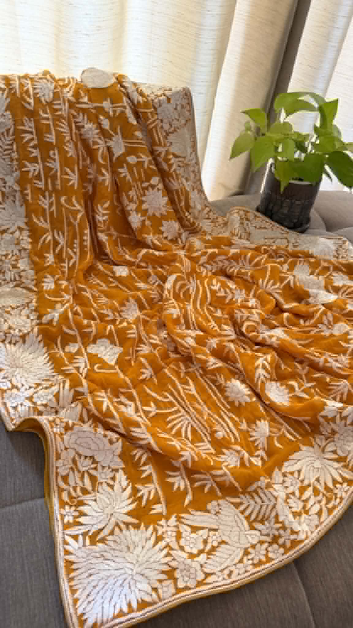 Elegant Mustard Yellow Parsi Gara Dupatta